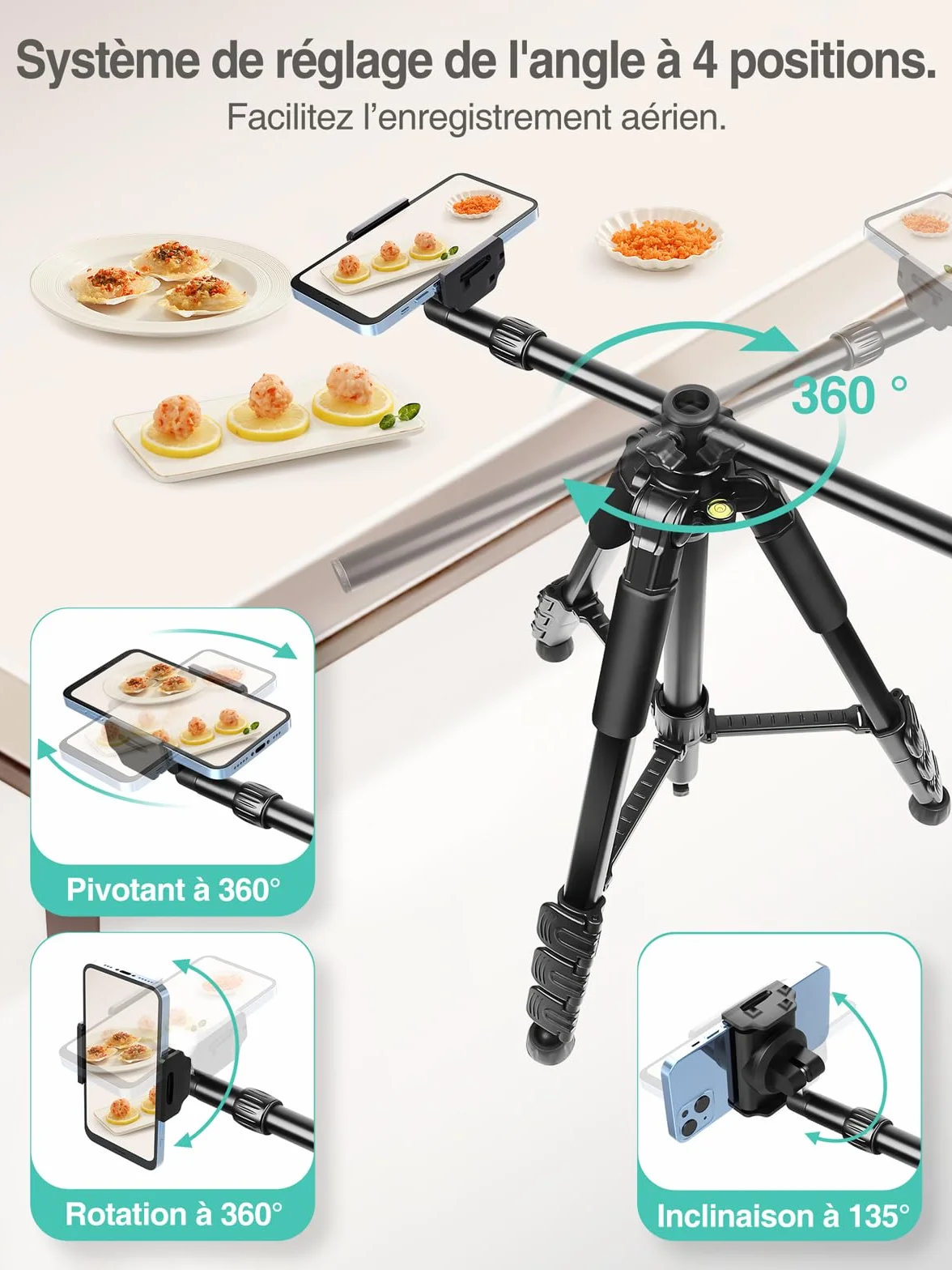 Elitehood Statyw na Telefon 180 cm, Tripod z Regulacją Kąta 360 Stopni, Uchwyt 63 cm