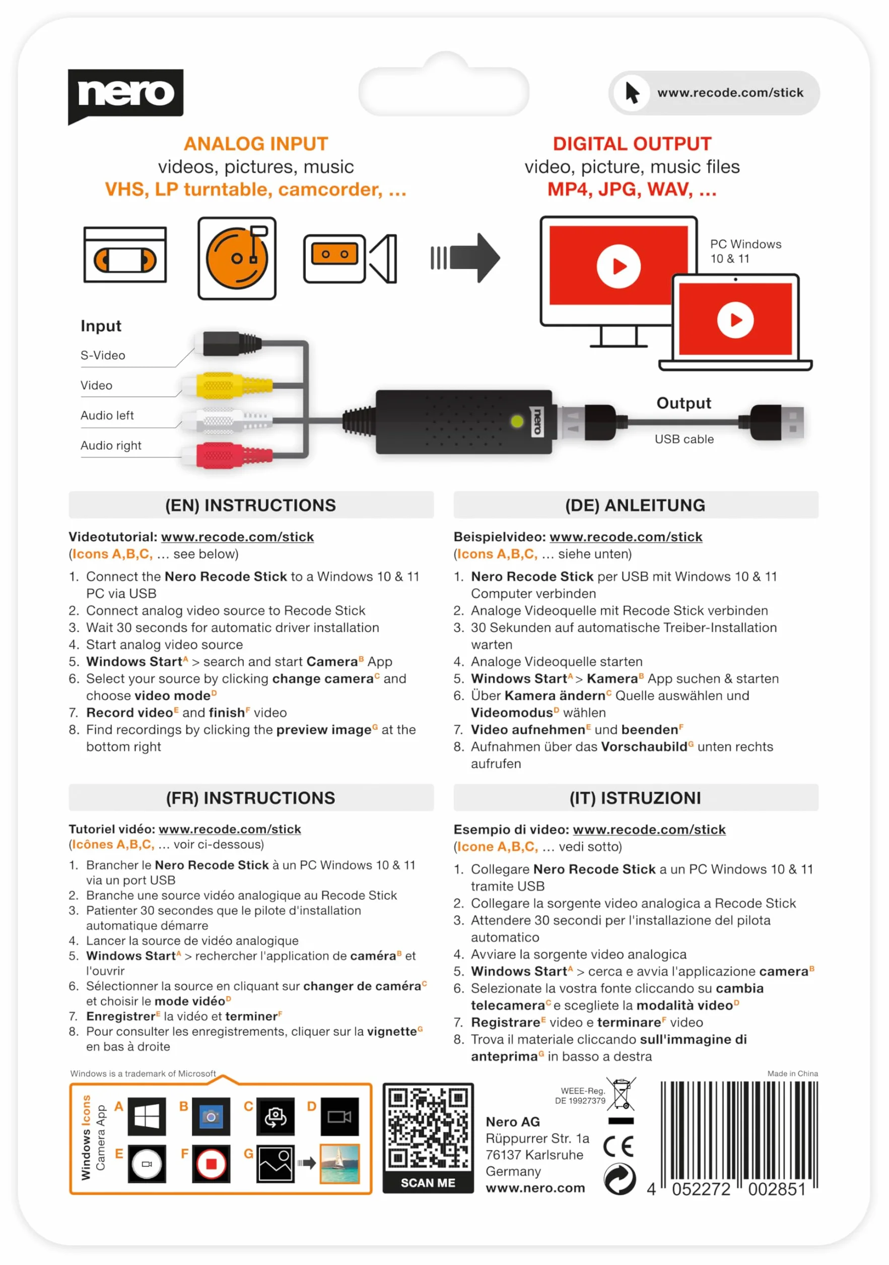 Nero VHS do USB Video Grabber Recode Stick | VHS autodigitalizacja | ANALOG to DIGITAL Capture Card | Windows 11/10/8/7 (digitalizacja kaset wideo | S-VHS | Hi8 | Super 8 | DVD na PC)