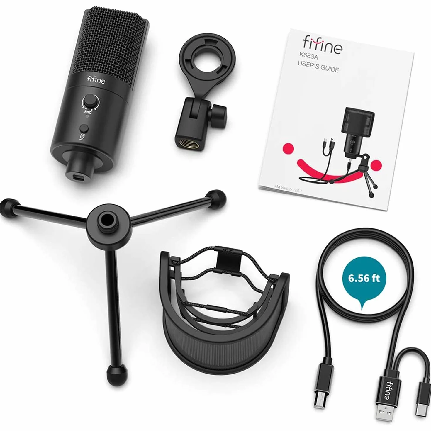FIFINE Mikrofon kondensator USB do PC MAC PS4 PS5, ze stojakiem, filtr pop, przycisk wyciszenia