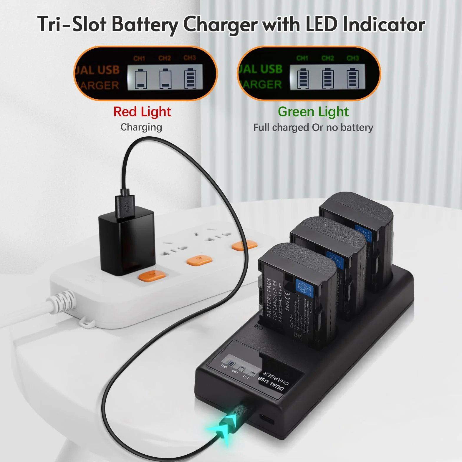 Andoer LP-E6 akumulator zamienny i zestaw ładowarki, ładowarka 3 gniazda + 3 akumulatory LP-E6 2650 mAh kompatybilne z Canon EOS 5D Mark II III IV/5DS/5DS R/6D/6D Mark II/7D Mark II/60D/70D/80D/90D