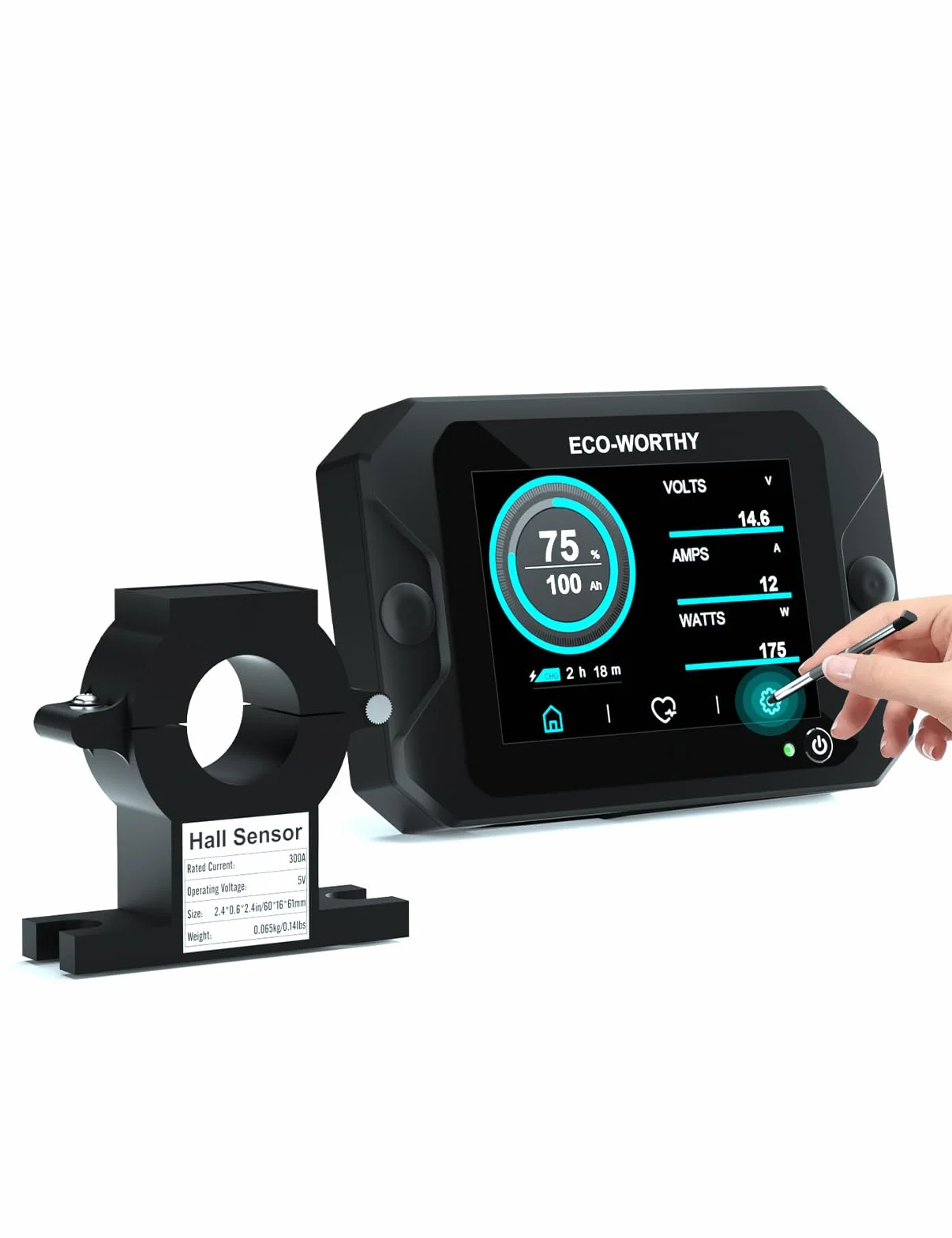 ECO-WORTHY Ulepszony monitor baterii 300 A 12 V/24 V/36 V/48 V 3,5-calowy ekran dotykowy monitor baterii z alarmem, tester baterii litowej do kampera, systemów solarnych