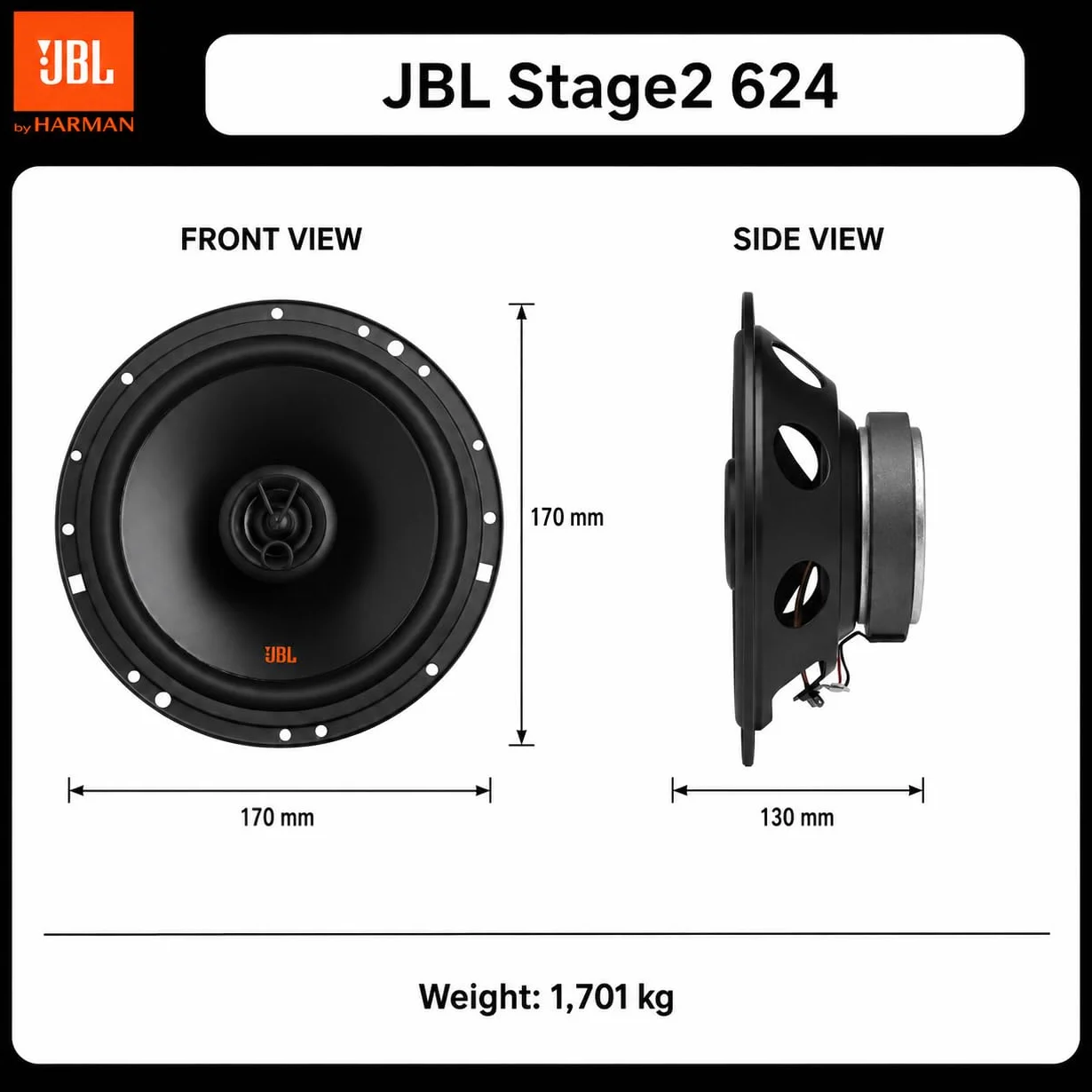 Jbl Stage2 624 STAGE2624 Zestaw Głośników, Czarny, 16 cm