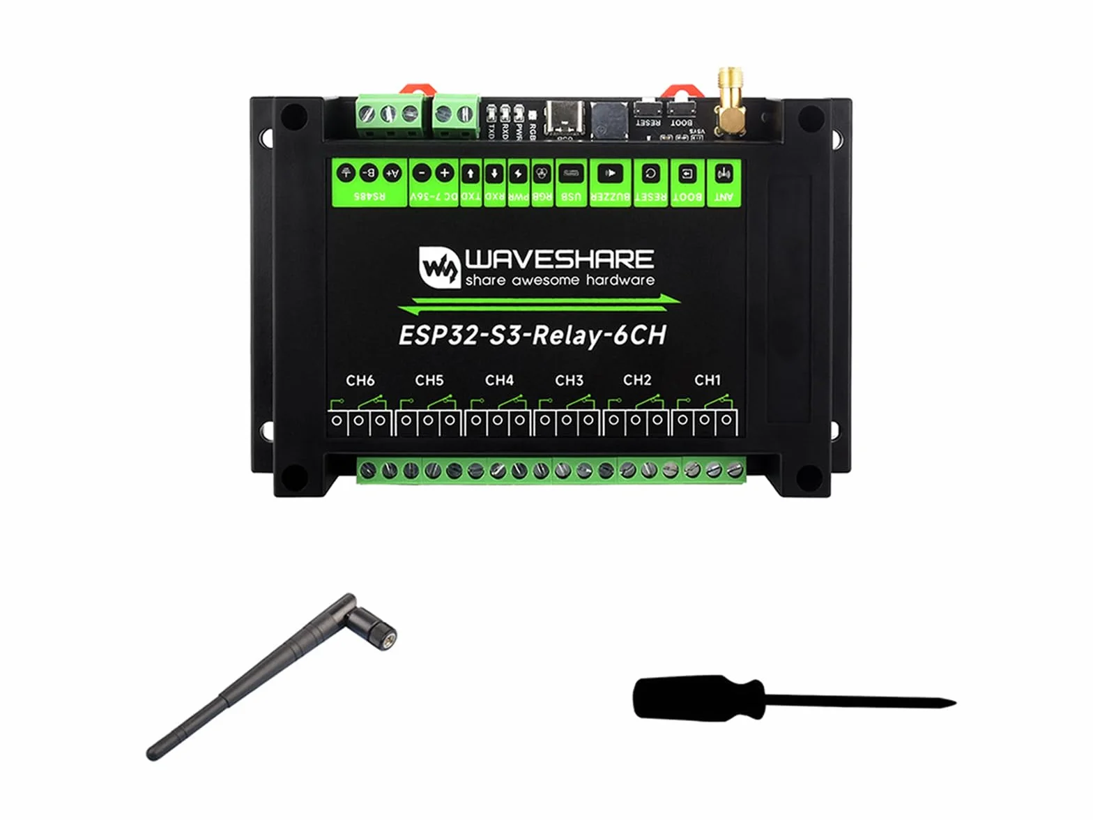 Waveshare Industrial 6-Channel ESP32-S3 WiFi Relay Module, Onboard RS485 / Pico HAT Interfaces, With Multiple Isolation Protection Circuits, Industrial-Grade, Rail-Mount Case