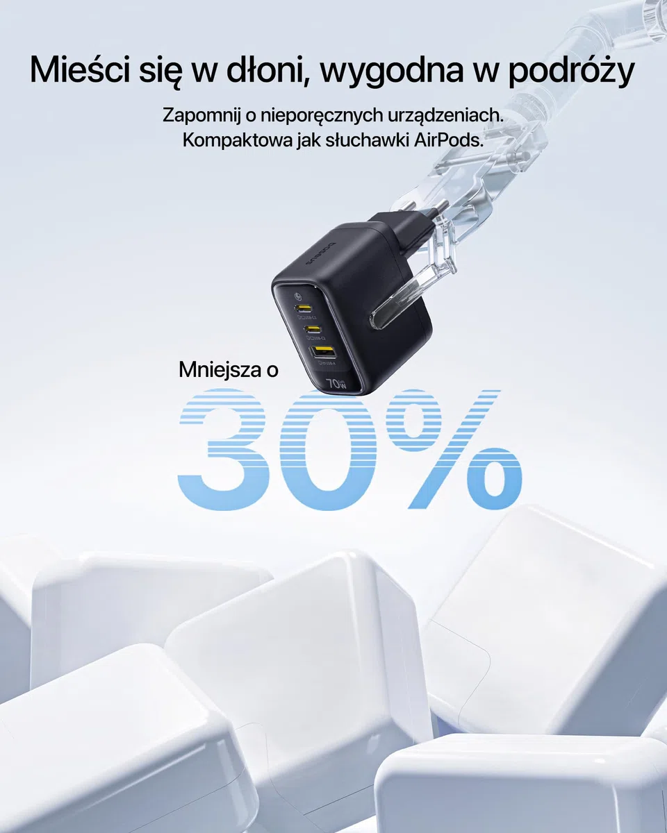 Baseus Enerfill Ładowarka USB C 70W, 3-portowa ładowarka GaN6 z szybkim ładowaniem, kompaktowa ładowarka do MacBook Air, iPhone 17/16/15 Pro Max, iPad Pro, Galaxy S25/S24, Pixel, laptopa i innych