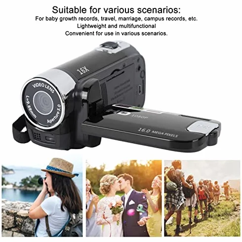 Kamera Wideo Kamera, Cyfrowa Kamera Nagrywająca Kamera DV 4K 48 MP z Obrotowym Ekranem 2,7 Cala, Kamera z 16-krotnym Zoomem Cyfrowym Obsługa Kamery Przez USB Połączenie z (BLACK)