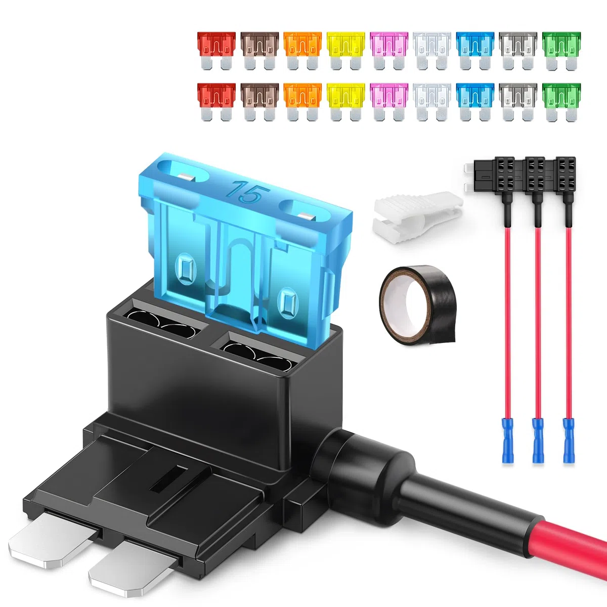 JOREST Standardowy kran do bezpieczników samochodowych – 4 szt. adapter 16AWG z 14 szt. standardowych bezpieczników samochodowych (2A-30A), dodaj uchwyt obwodu 12 V + taśma elektryczna + ściągacz