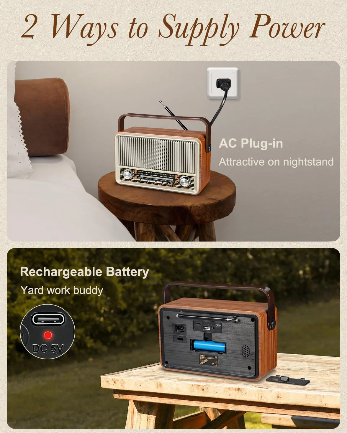 PRUNUS J-120 przenośne radio retro, małe radios SW AM FM z głośnikiem Bluetooth, zasilane akumulatorem 1800 mAh lub siecią, radio vintage obsługuje odtwarzanie AUX TF USB