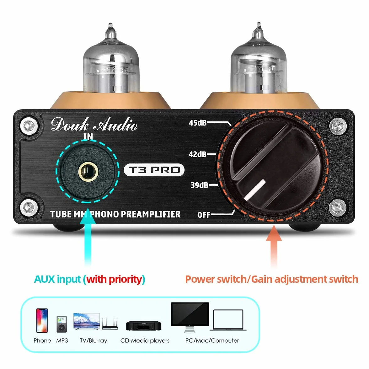 Douk Audio T3 PRO Phono przedwzmacniacz rurowy do gramofonów, przedwzmacniacz gramofonowy MM, mini Valve Stereo Preamp do odtwarzacza nagrywarki