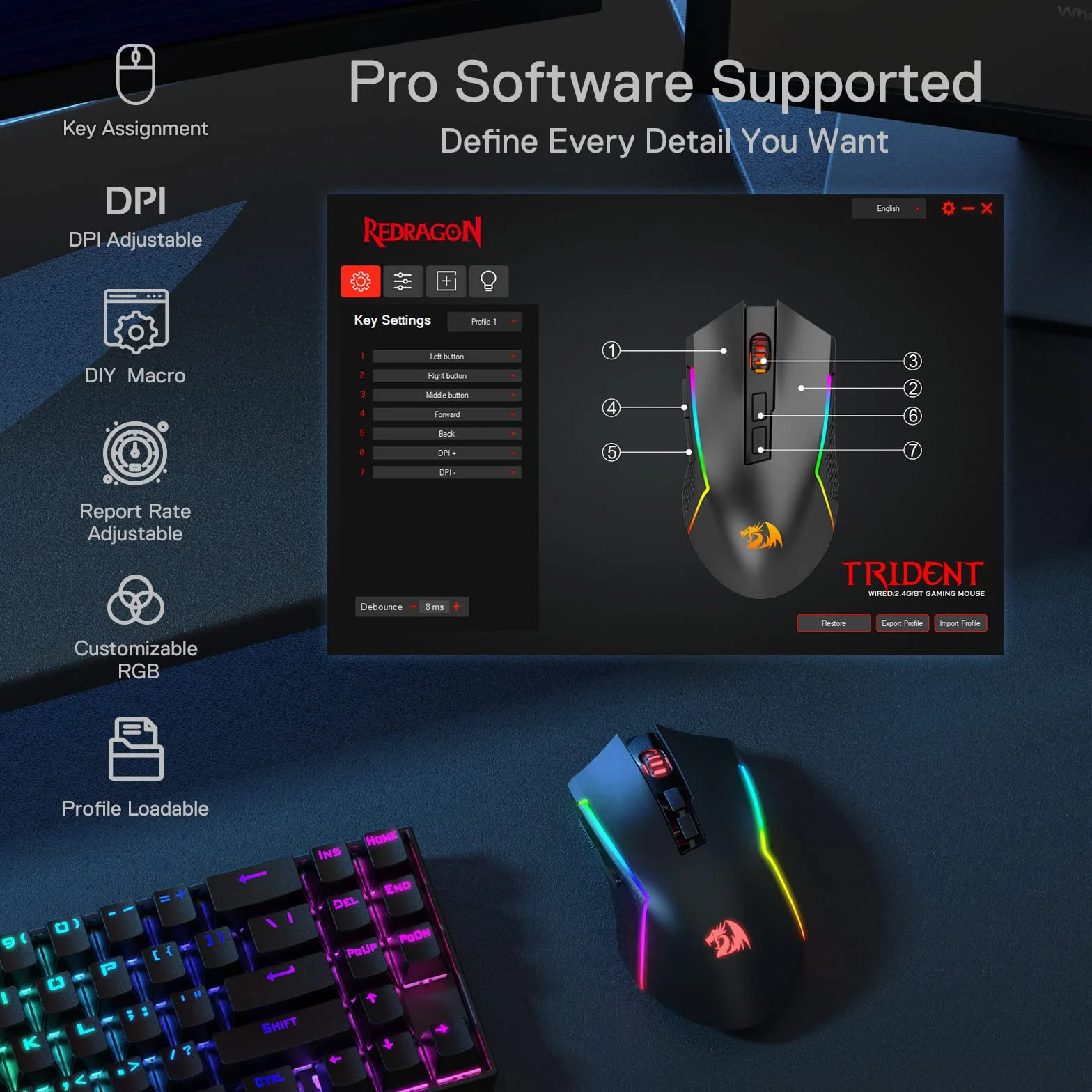 Redragon M693 Bezprzewodowa mysz do gier 8000 DPI z 3 trybami łączenia, Bluetooth i bezprzewodowa, 2,4 G, 7 przycisków makro, trwała moc i podświetlenie RGB do komputerów PC/Mac/komputera