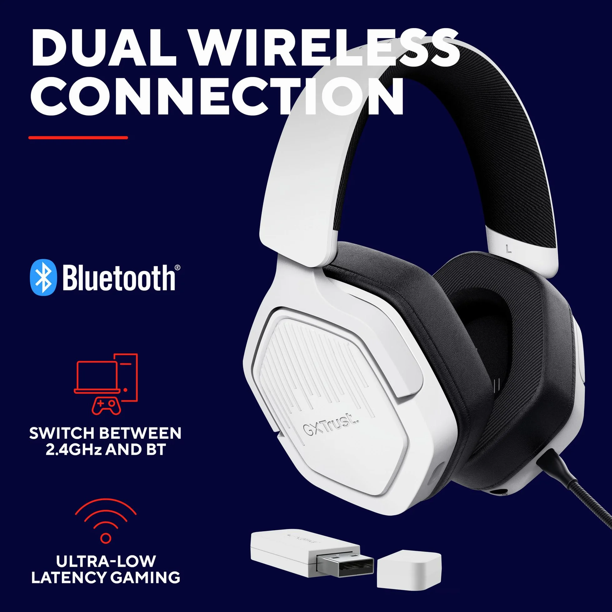 Trust GXT 1493W Ravox Bezprzewodowe Słuchawki Gamingowe Bluetooth 2.4 GHz PS5 PS4 Switch PC 50mm 70h Biały
