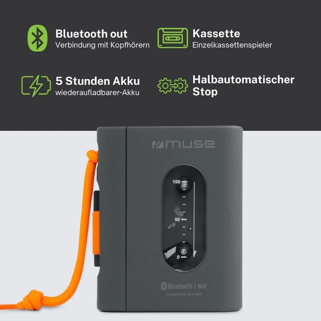 MUSE Przenośny odtwarzacz kasetowy z przyłączem słuchawkowym, szybkie ładowanie przez USB-C – eleganckie wzornictwo, czarny