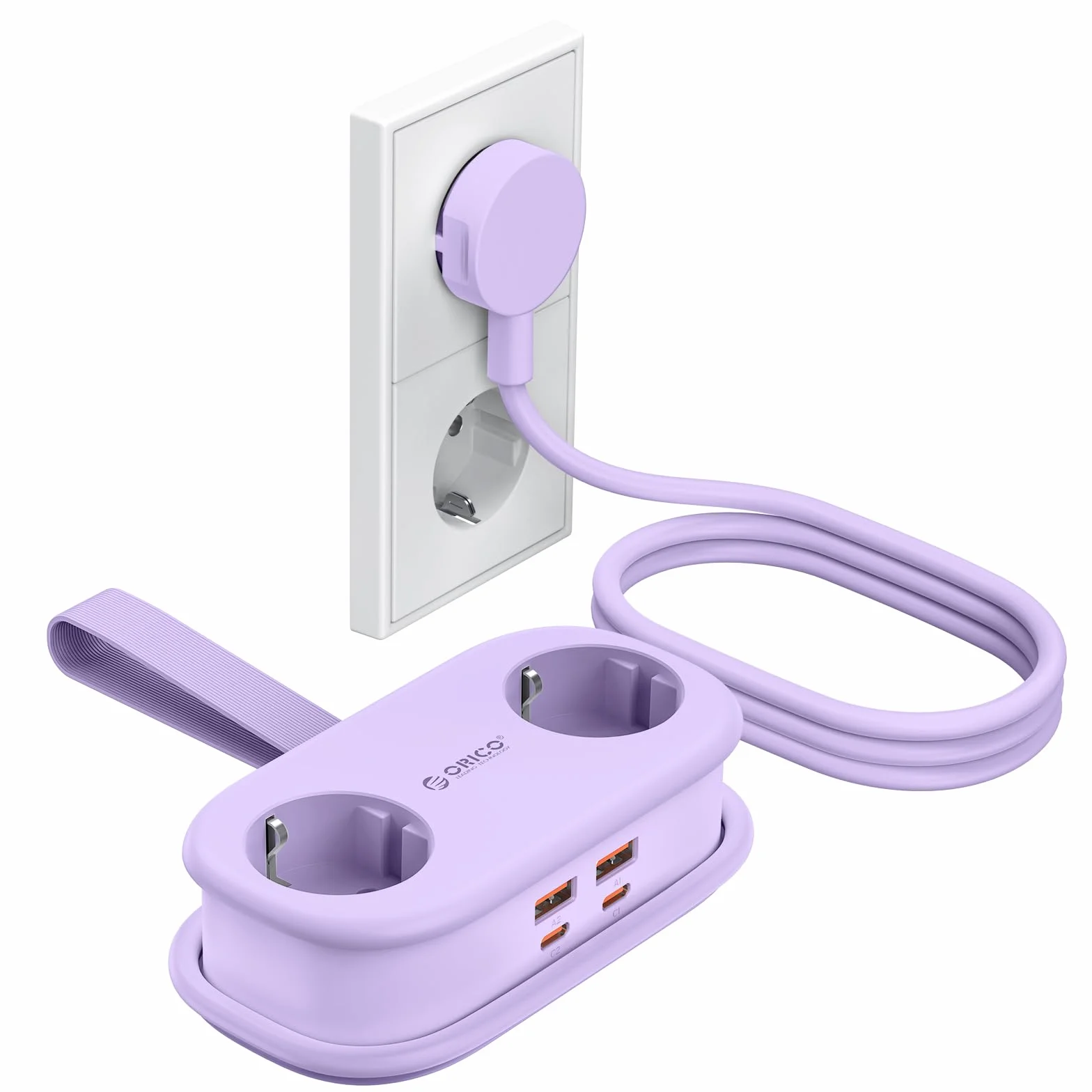 ORICO GaN listwa zasilająca 65 W z USB C, 6 w 1, listwa zasilająca do szybkiego ładowania z 4 USB, przedłużacz o długości 1,6 m, do MacBooka, iPada, telefonu komórkowego, podróży – AP3, fioletowy