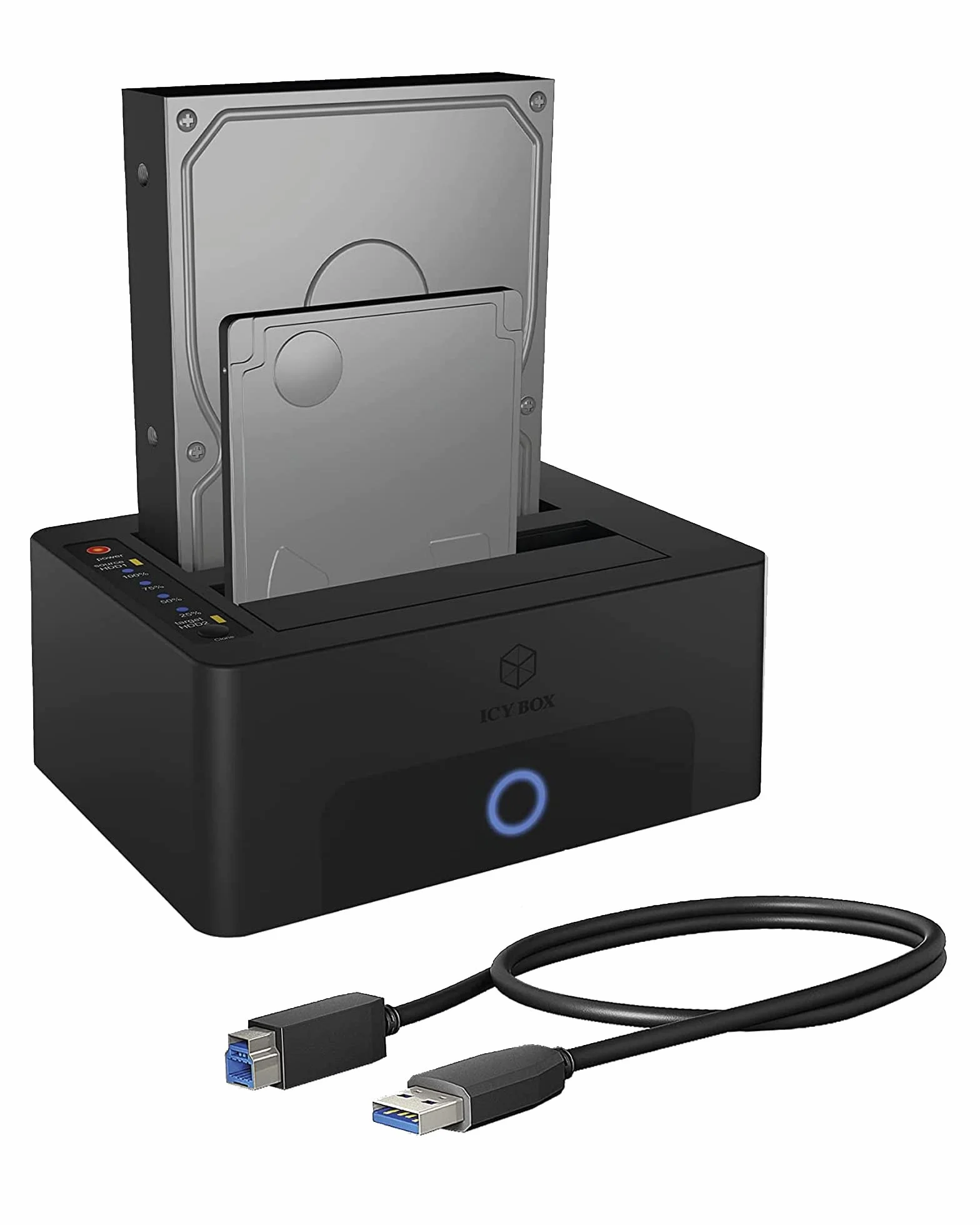 ICY BOX Dual HDD/stacja dokująca USB 3.0 do SATA 2,5 cala i 3,5 cala, dysk twardy stacja klonowa i urządzenie do czytania, adapter, zewnętrzny, czarny, IB-1232CL-U3