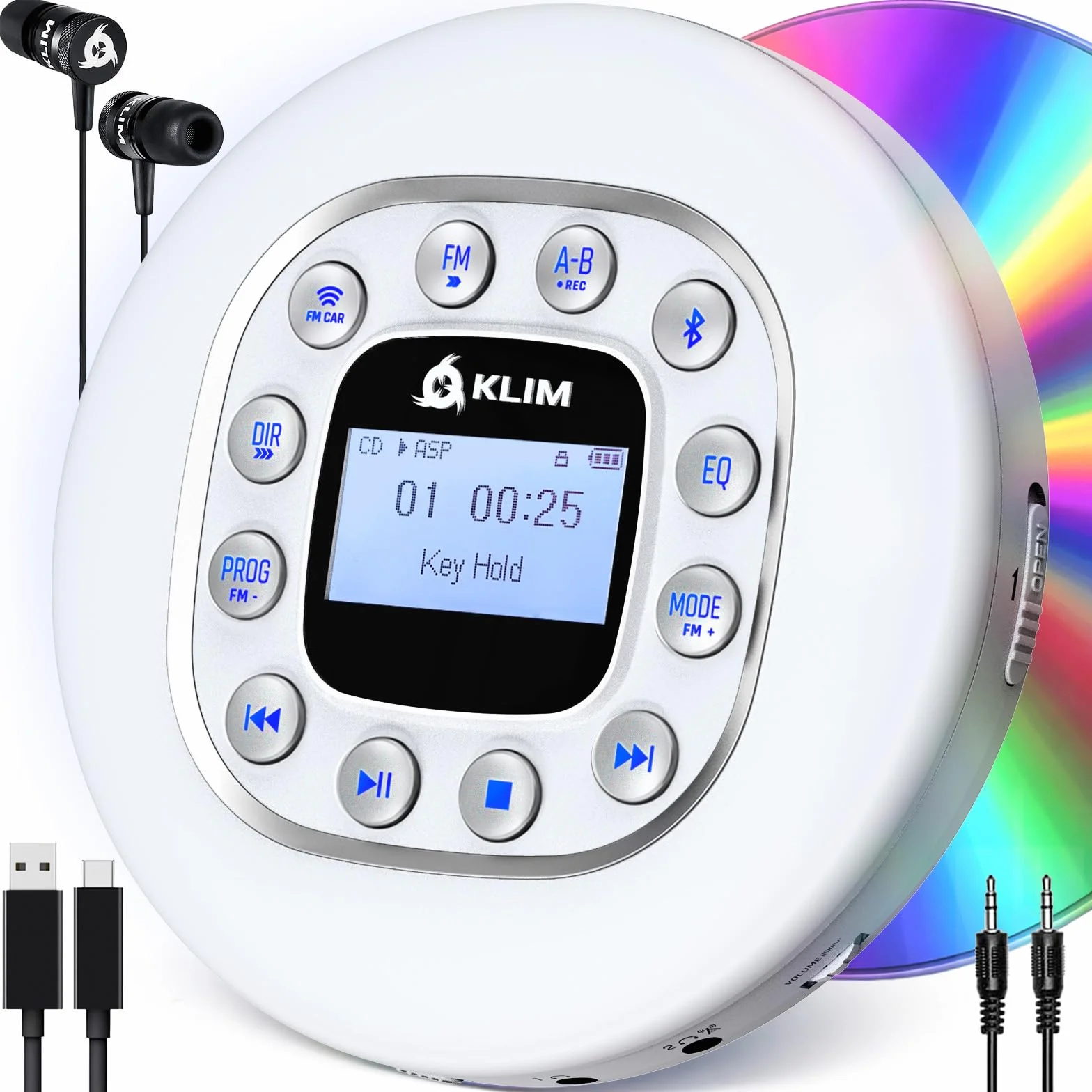 KLIM Journey + przenośny odtwarzacz CD Walkman z długą żywotnością baterii + NOWOŚĆ + słuchawki w zestawie + radio FM + kompatybilny z MP3 + karta SD, nadajnik FM, Bluetooth + idealny do samochodu -