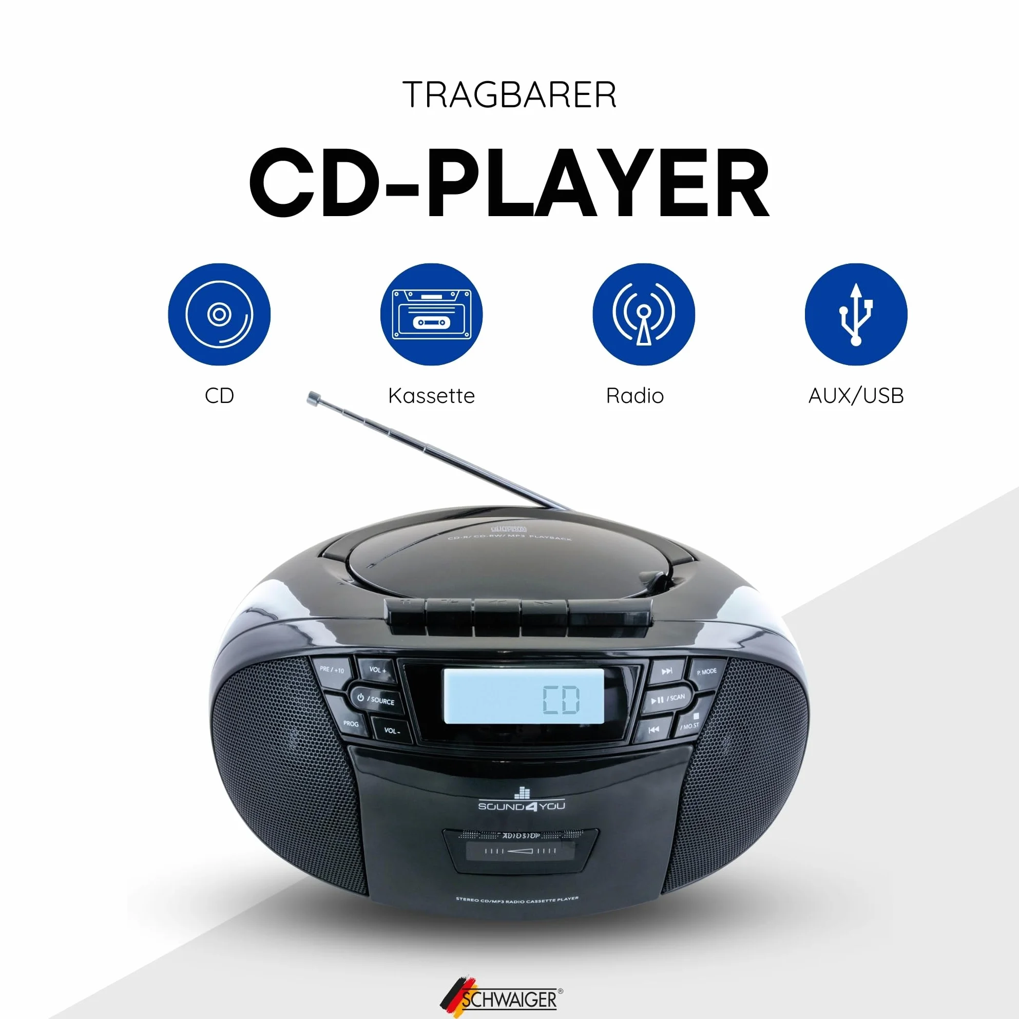 SCHWAIGER -658026- Przenośny odtwarzacz CD z kasetami i radiem | MP3 | Złącze USB | Radio FM | Słuchawki AUX | Boombox | Stereo | do domu i w podróży | Zasilanie sieciowe i akumulatorowe | Wyświetlacz