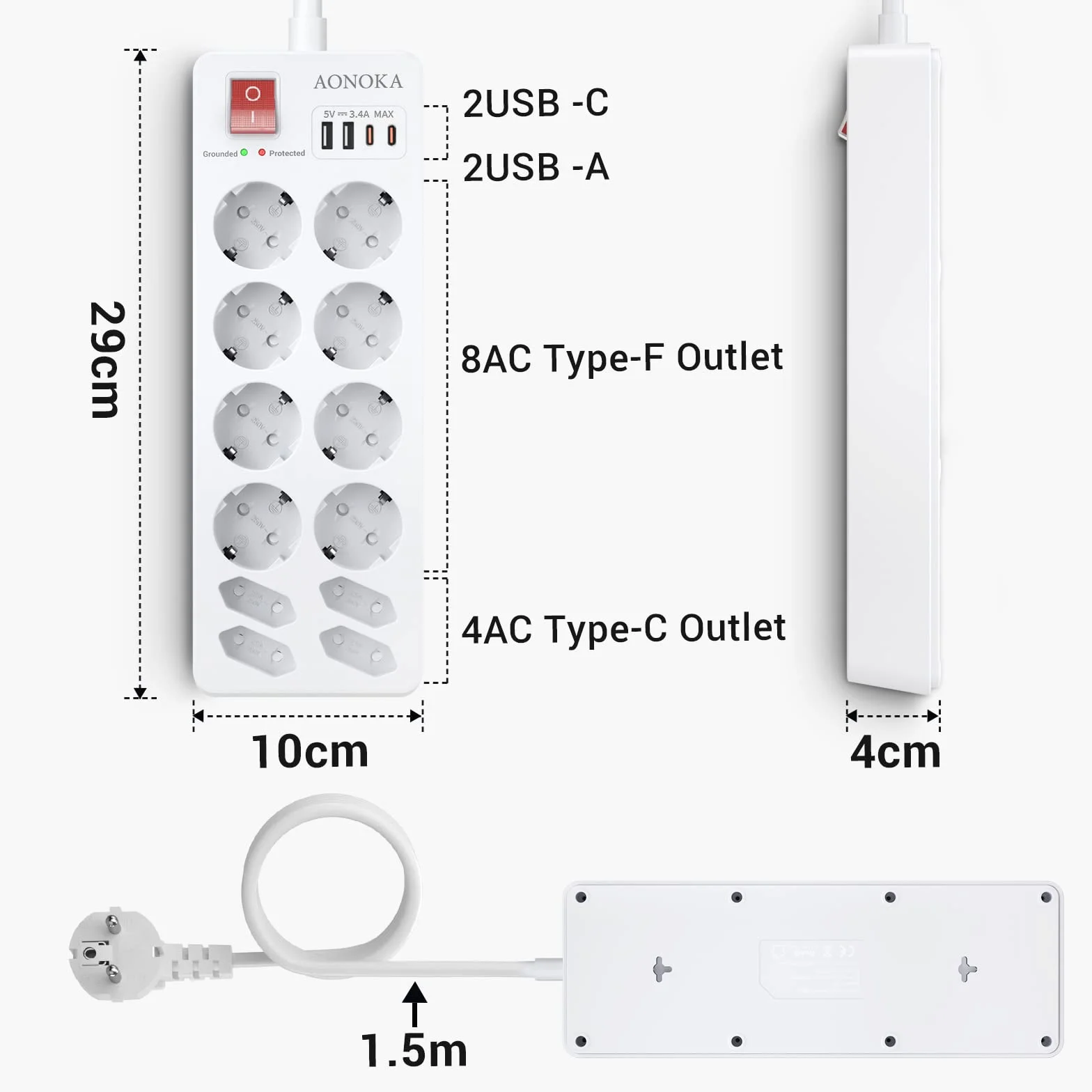 Listwa Zasilająca z USB C 12 Gniazd Przeciwprzepięciowa 1700 Dżuli 4 USB Wyłącznik 1,5M Biała
