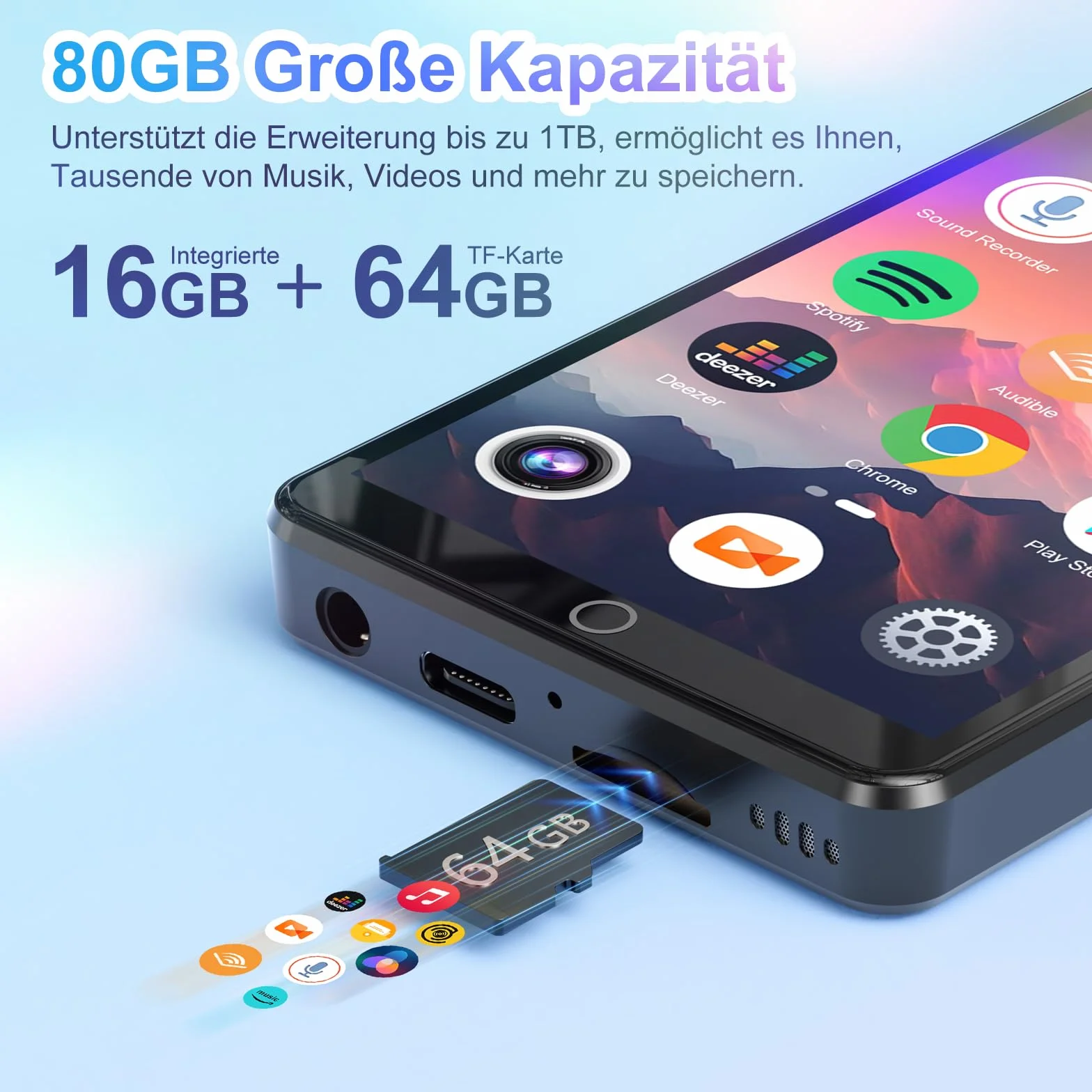 Odtwarzacz MP3 80 GB Bluetooth Wi-Fi 4,02" Ekran Dotykowy Android Player z Kamerą Radio FM