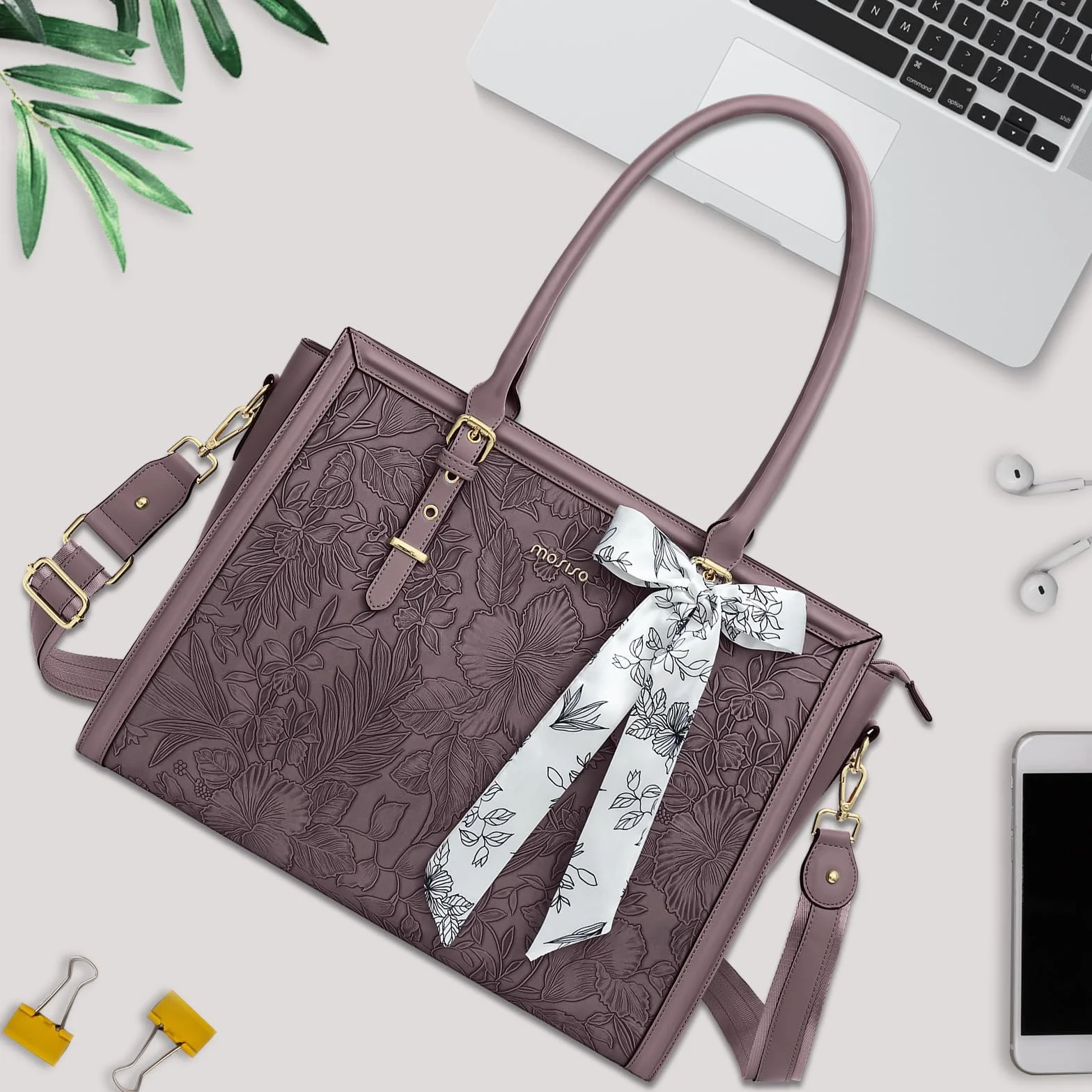MOSISO Torba na laptopa dla kobiet, torba na ramię ze skóry PU, kompatybilna z MacBookiem, HP, Dell, Asus Notebook, przednia tłoczona torba na komputer retro hibiskus z jedwabnym szalikiem i