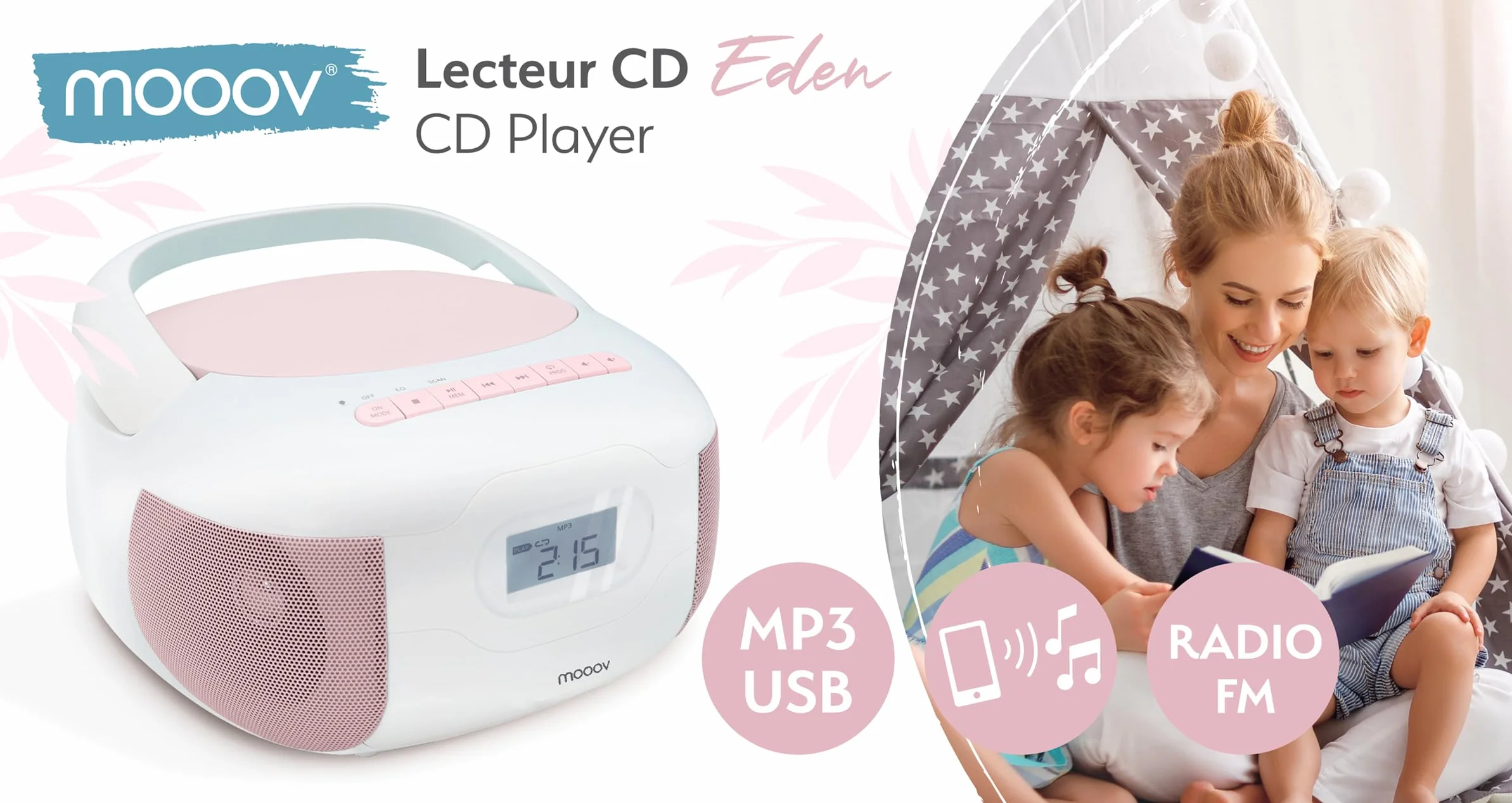 Metronic Przenośny odtwarzacz CD Radio Bluetooth Eden, MP3 z portem USB, odtwarzacz kart micro SD, radio CD - różowy - 477185