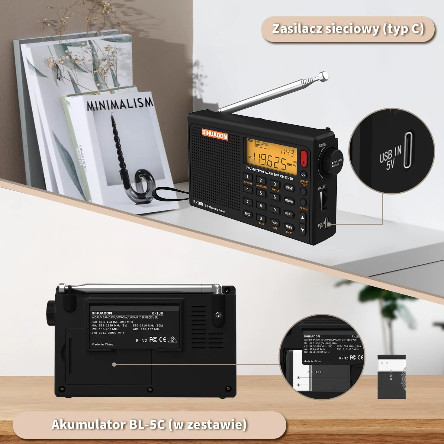Radio przenośne SIHUADON R108 FM, wielozakresowe SW, MW, z czystym odbiorem i doskonałym dźwiękiem, gniazdo słuchawkowe, timer, budzik, zasilanie na baterie, kolor czarny