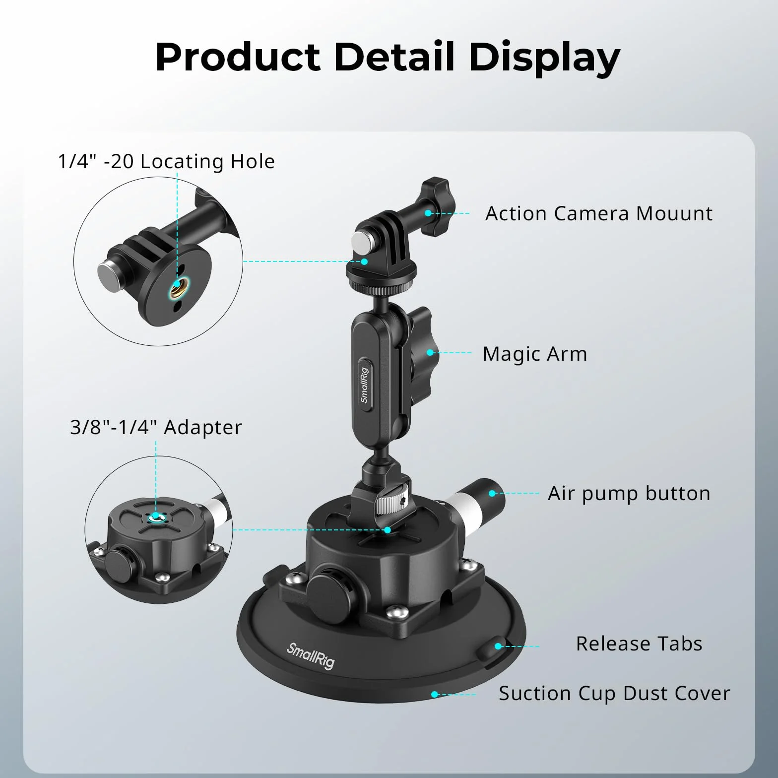 SMALLRIG Uchwyt 4,5" Magic Arm z przyssawką kulową do DJI Osmo Action 5 Pro/4, Insta360 x5, GoPro 13/12, udźwig 1,5 kg