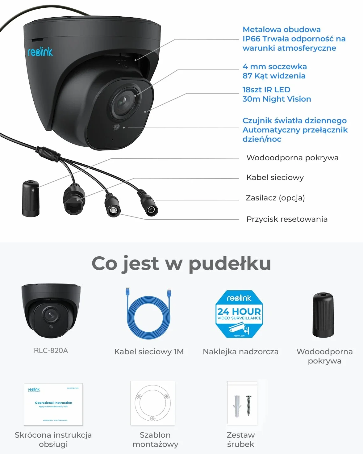 Reolink RLC-820A 4K Ultra HD PoE Kopułowa Kamera IP Zewnętrzna Detekcja Ludzi Pojazdów