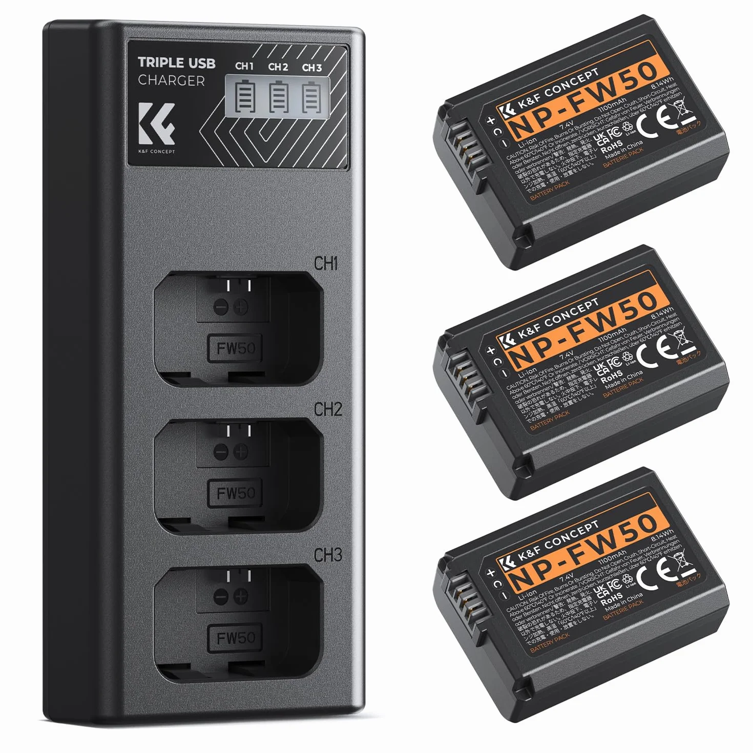 K&F CONCEPT Bateria NP-FW50 1100 mAh (zestaw 3 sztuk) i zestaw ładowarek LCD z trzema gniazdami do Sony ZV-E10, Alpha A6000, A6300, A6400, A6500, A5000, A5100, a7, a7II, a7R, a7RII, a7S, a7SII