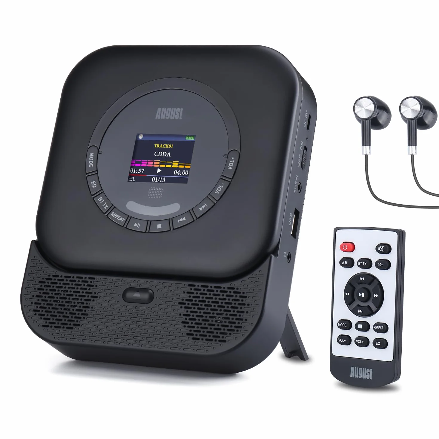 August SE15 Przenośny odtwarzacz CD z Bluetooth 5.3,portem USB,AUX 3.5 mm-odtwarzacz CD wbudowaną baterią,korektorem dźwięku,ochroną przed wstrząsam-w zestawie uchwyt ścienny,słuchawki i pilot