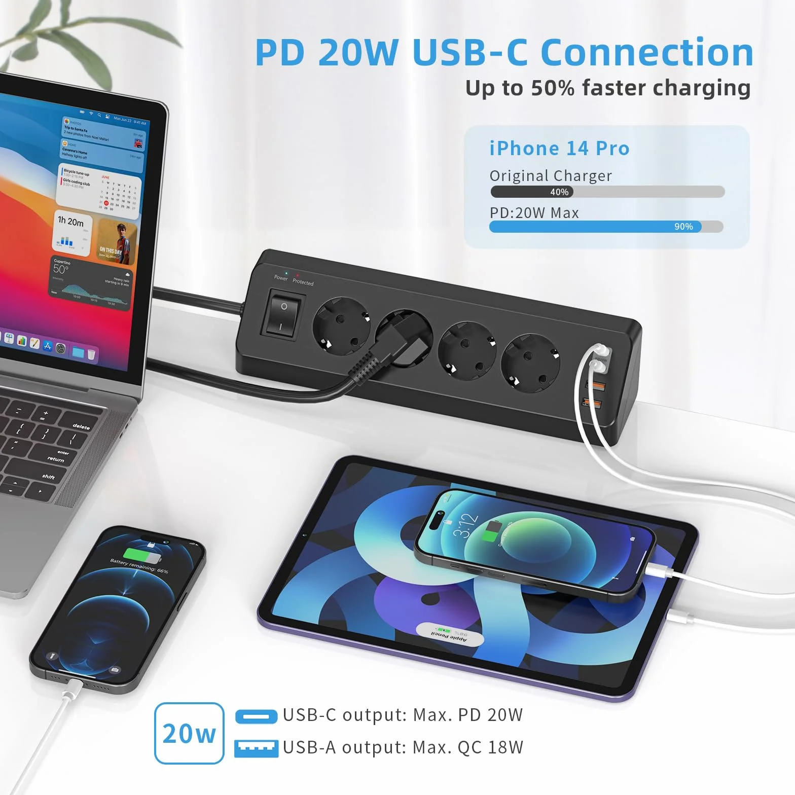 Gniazdo wtykowe stołowe z USB C (PD 20 W), listwa zasilająca 8 w 1, biurko z przełącznikiem, 4 wtyki, 4 gniazda USB, ochrona przed przepięciem, kabel 2 m, do domu, biura (czarne)