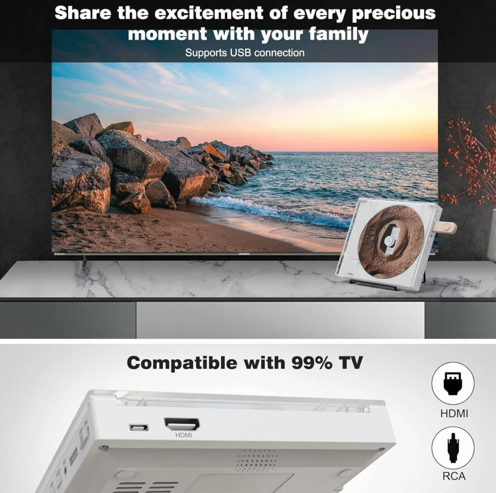 Maite Super mały odtwarzacz DVD, z wbudowanym głośnikiem HiFi, odtwarzacz CD/DVD do telewizorów z wyjściem HDMI RCA, Memory Playback, obsługa systemu PAL/NTSC, kabel HDMI RCA bez stelaża