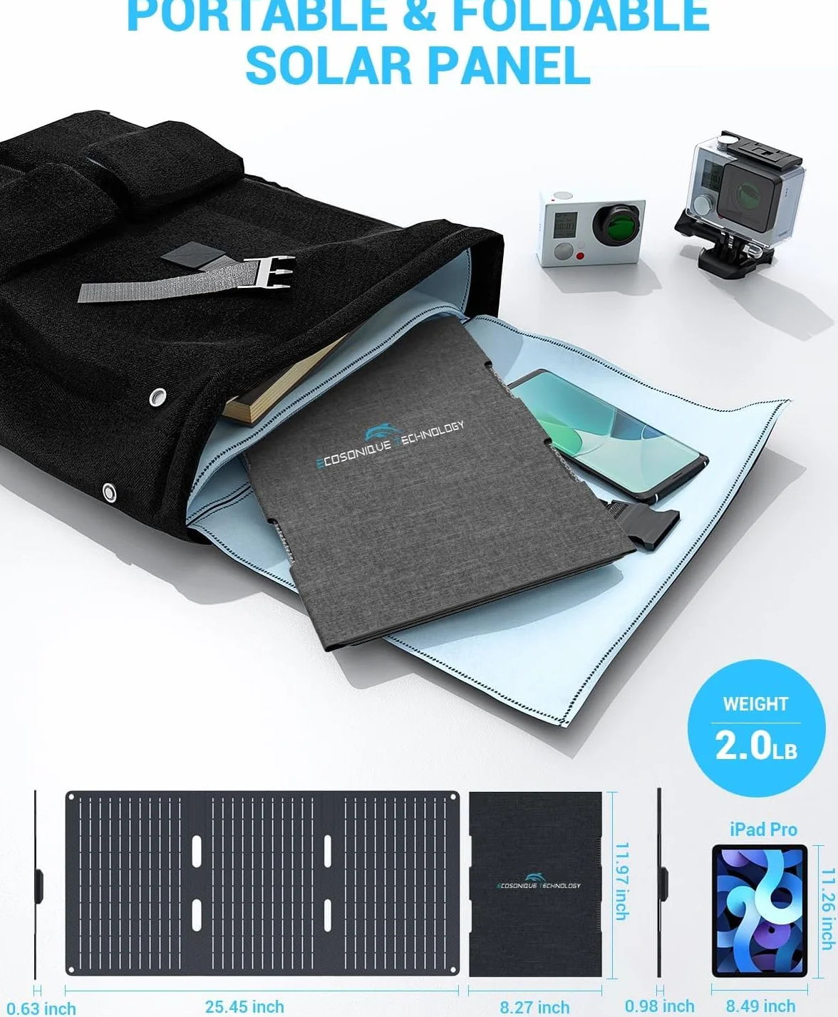 Ecosonique składany panel słoneczny 30 W, wodoszczelność IP67, ładowarka solarna USB-A USB-C do telefonu komórkowego, stacja zasilająca, na kemping z plecakiem, kompatybilna z telefonami komórkowymi