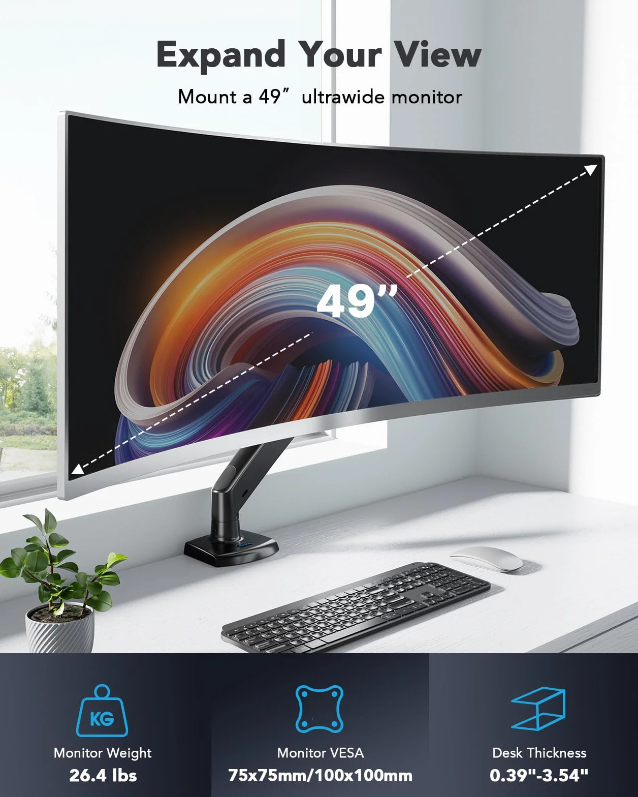 HUANUO Pojedyncze ramię monitora mieści 12 kg, ultrawide stojak na monitor komputerowy do ekranów 49 cali, ulepszony regulowany uchwyt na monitor z USB, zacisk C i podstawa przelotkowa, VESA 75 x 75