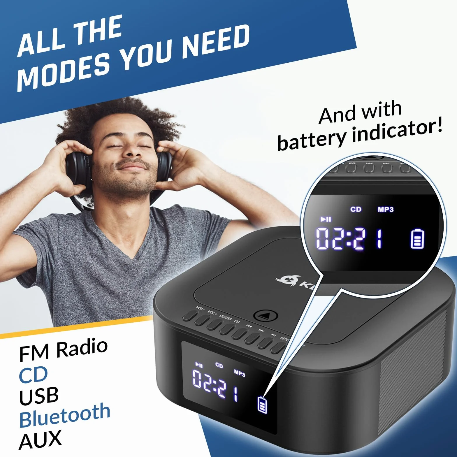 KLIM Odtwarzacz CD Boombox E1 + BASS Boost z subwooferem + radio FM z odtwarzaczem CD i USB, Bluetooth, AUX + stereo domowy + przewodowy lub bezprzewodowy + akumulator, pilot zdalnego sterowania