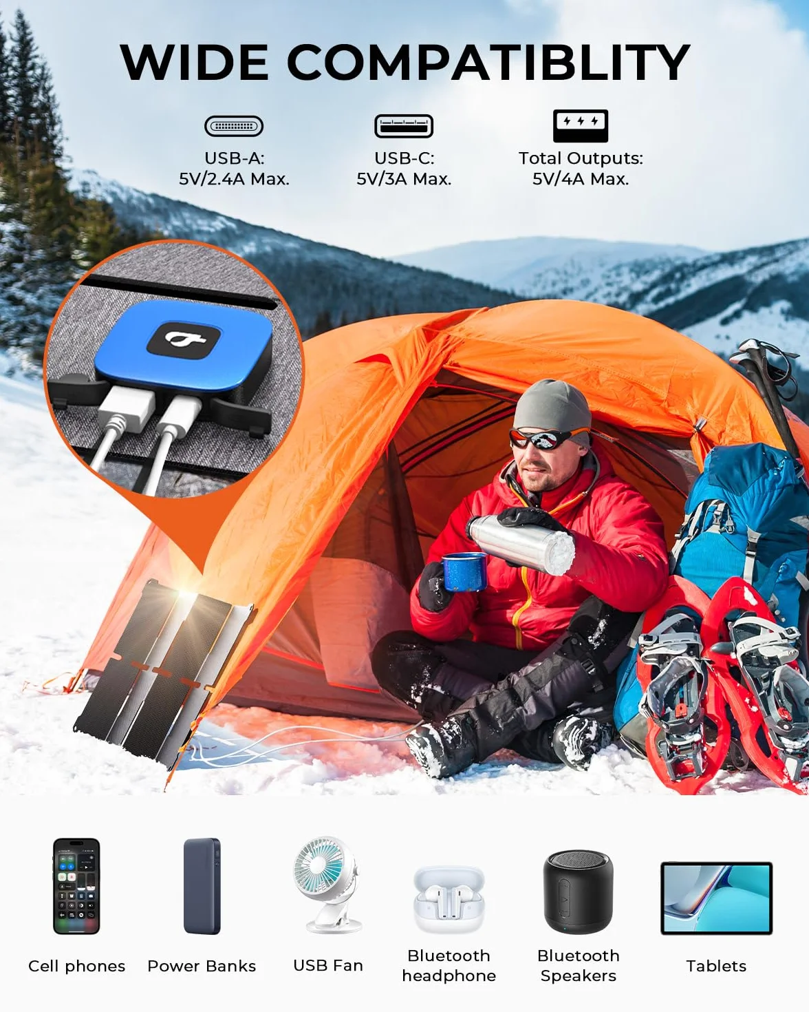 [Rozmiar kieszonkowy] BigBlue 25 W miniaturowa przenośna ładowarka solarna, składany panel słoneczny z 2 portami USB A/C, IP68 do użytku na zewnątrz, kompatybilna z telefonami, tabletami