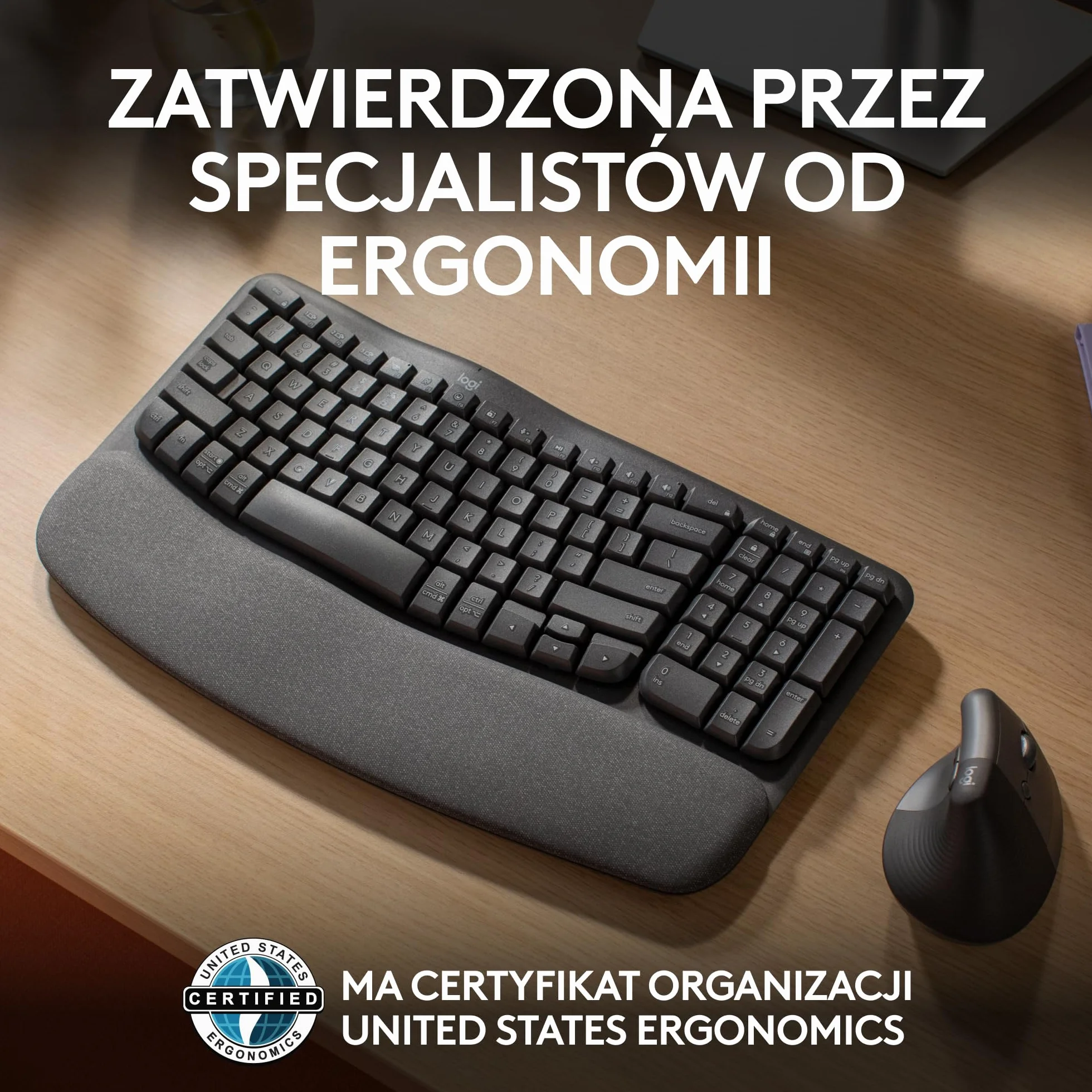 Logitech Wave Keys - bezprzewodowa klawiatura ergonomiczna z amortyzującą podpórką pod nadgarstki, wygodne naturalne pisanie, Easy-Switch, Bluetooth, odbiornik Logi Bolt, Windows/Mac, US INT'Ll,Grafit