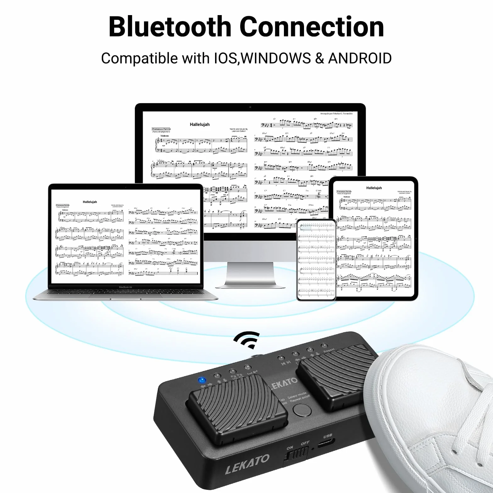 LEKATO Bezprzewodowy przewracania stron Bluetooth kompaktowa konstrukcja cichy kontroler do czytania nut iPada tabletu smartfona