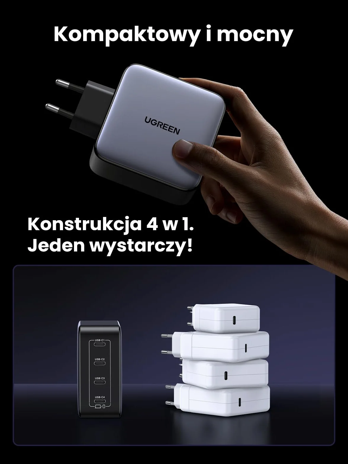 Ładowarka UGREEN Nexode 100W USB C z 4 portami USB-C Zasilacz GaN Ładowarka wielokrotna PD obsługuje PPS 45W kompatybilna z MacBookiem Pro/Air, iPadem Pro/Air, serią iPhone 16-8, Galaxy S24