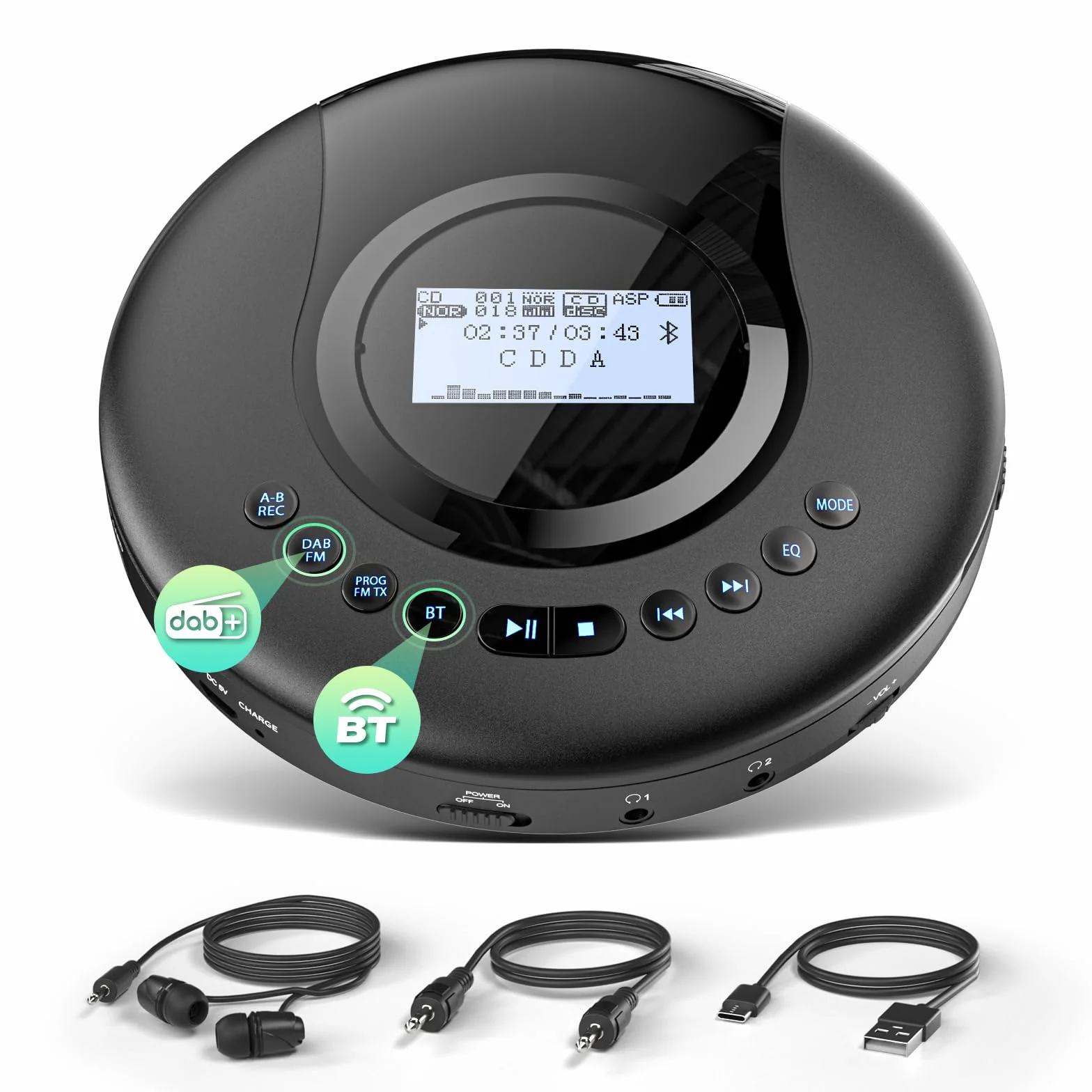 Arafuna Discman przenośny odtwarzacz CD, radio DAB+/FM, Bluetooth, wbudowana bateria 2000 mAh, czarny
