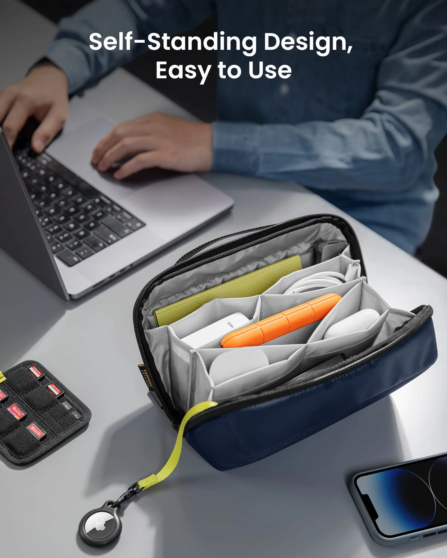 tomtoc Elektroniczny organizer na akcesoria, etui na MacBooka, ładowarkę, kable podróżne, powerbank, dysk twardy, wodoodporna torba z wyjmowanymi przegródkami na karty, na adapter USB, kartę pamięci, Ciemnoniebieski, 2.4L