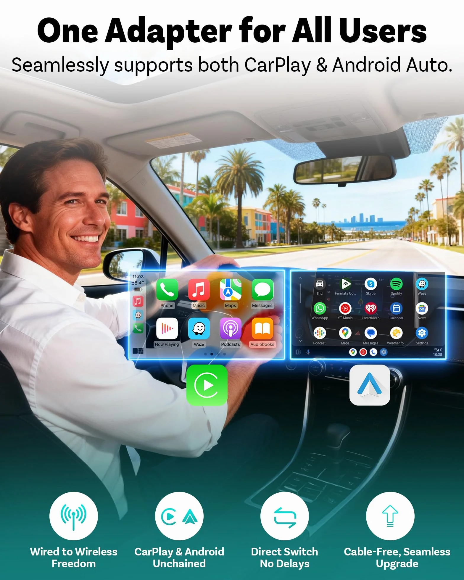 Ottocast Mini Pico Adapter bezprzewodowy 2-w-1 CarPlay Android Auto WiFi 6 Bluetooth 5.4