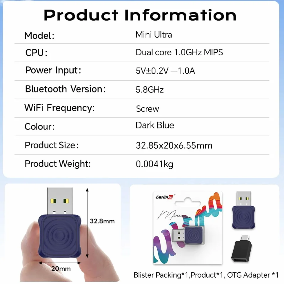 Carlinkit Mini Ultra bezprzewodowy adapter CarPlay Android USB-A/USB-C