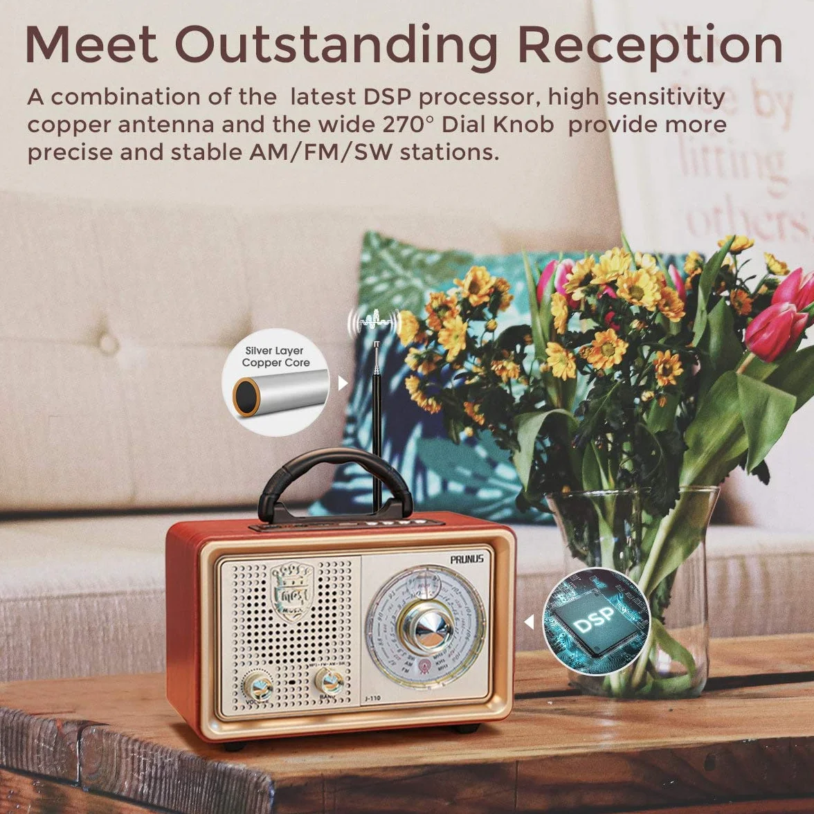 Radio PRUNUS J-110 AM/FM/SW w stylu retro z Bluetooth, nostalgiczne radio z 3 opcjami zasilania, obudowa imitująca drewno, głośnik 5 W z wzmocnionym basem, obsługa USB/TF/AUX. （Złoty）