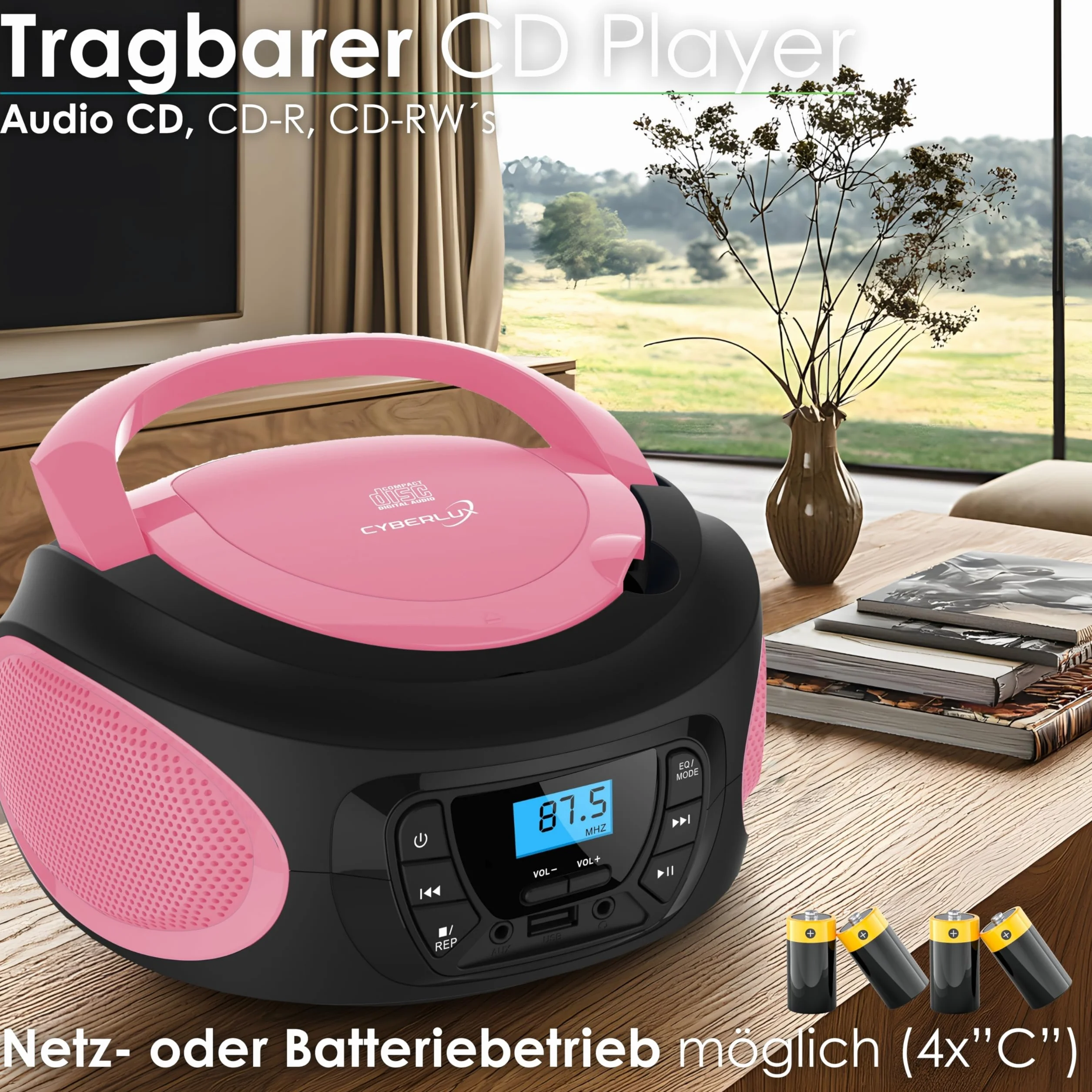 Boombox - Przenośny odtwarzacz CD - CD/CD-R - USB - Radio FM - Wejście AUX-IN - Gniazdo słuchawkowe - Radio dla dzieci - Radio CD - System stereo - Kompaktowy - Jasnoróżowy (Pretty Pink)