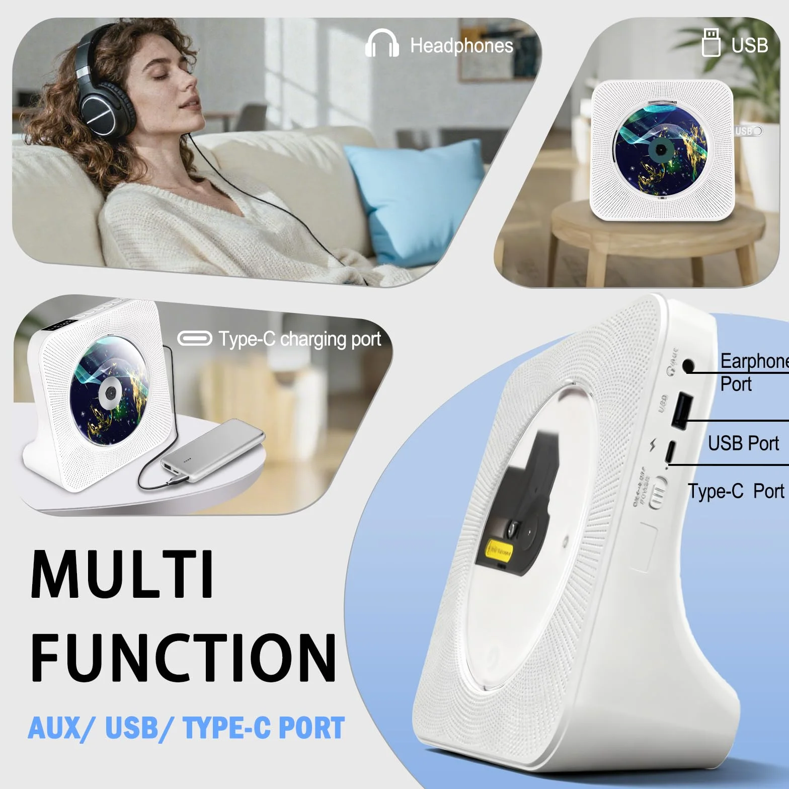 Przenośny odtwarzacz CD, Bluetooth, odtwarzacz CD z podwójnym głośnikiem, obsługuje ustawienia timera/radio USB/AUX/FM, połączenie ze słuchawkami Bluetooth lub głośnikami, pilot zdalnego sterowania