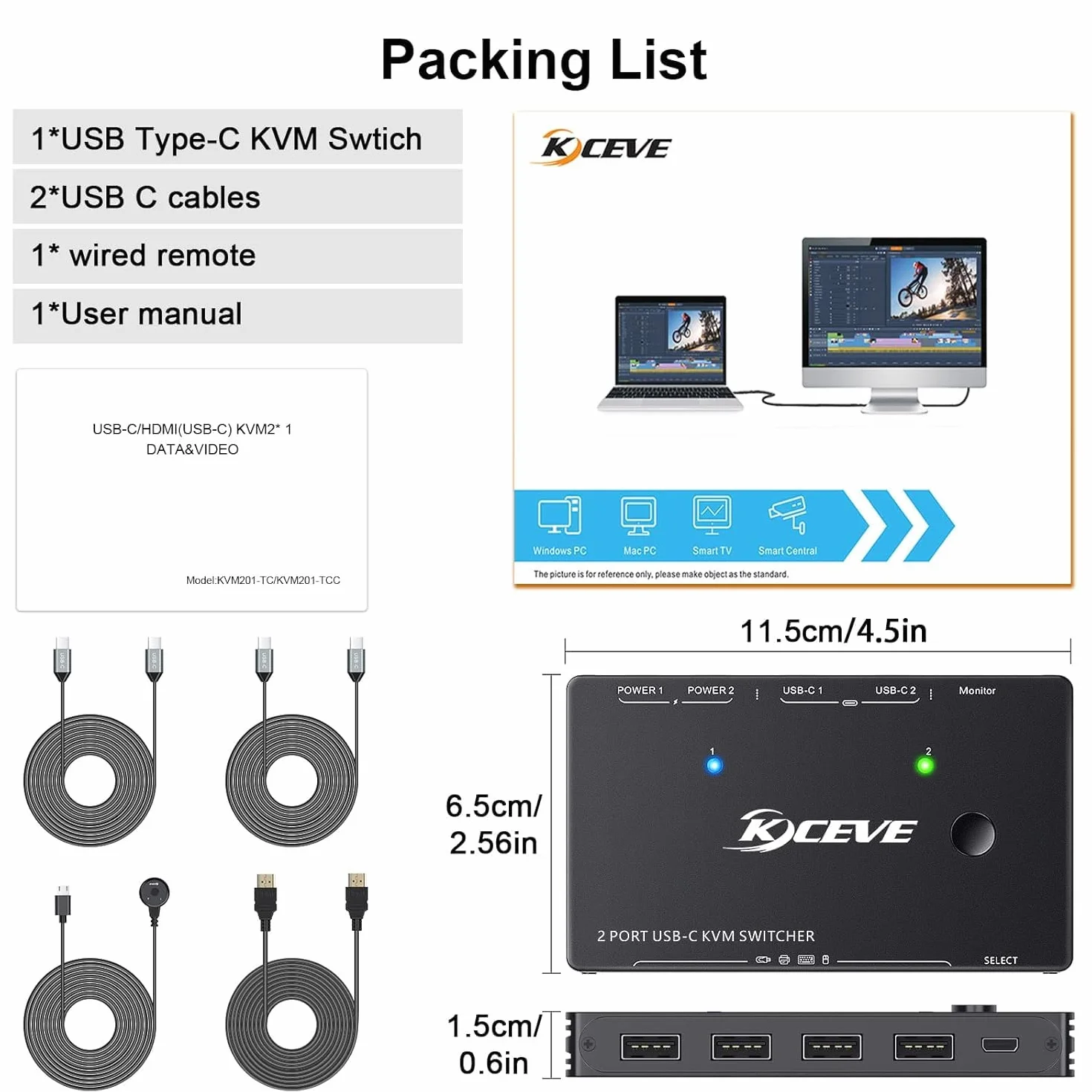 Przełącznik USB-C KVM do 2 komputerów typu C, przełącznik USB typu C KVM obsługuje 4K @ 60 Hz, dzielenie klawiatury, myszy i monitora, obsługuje szybkie ładowanie 87 W PD