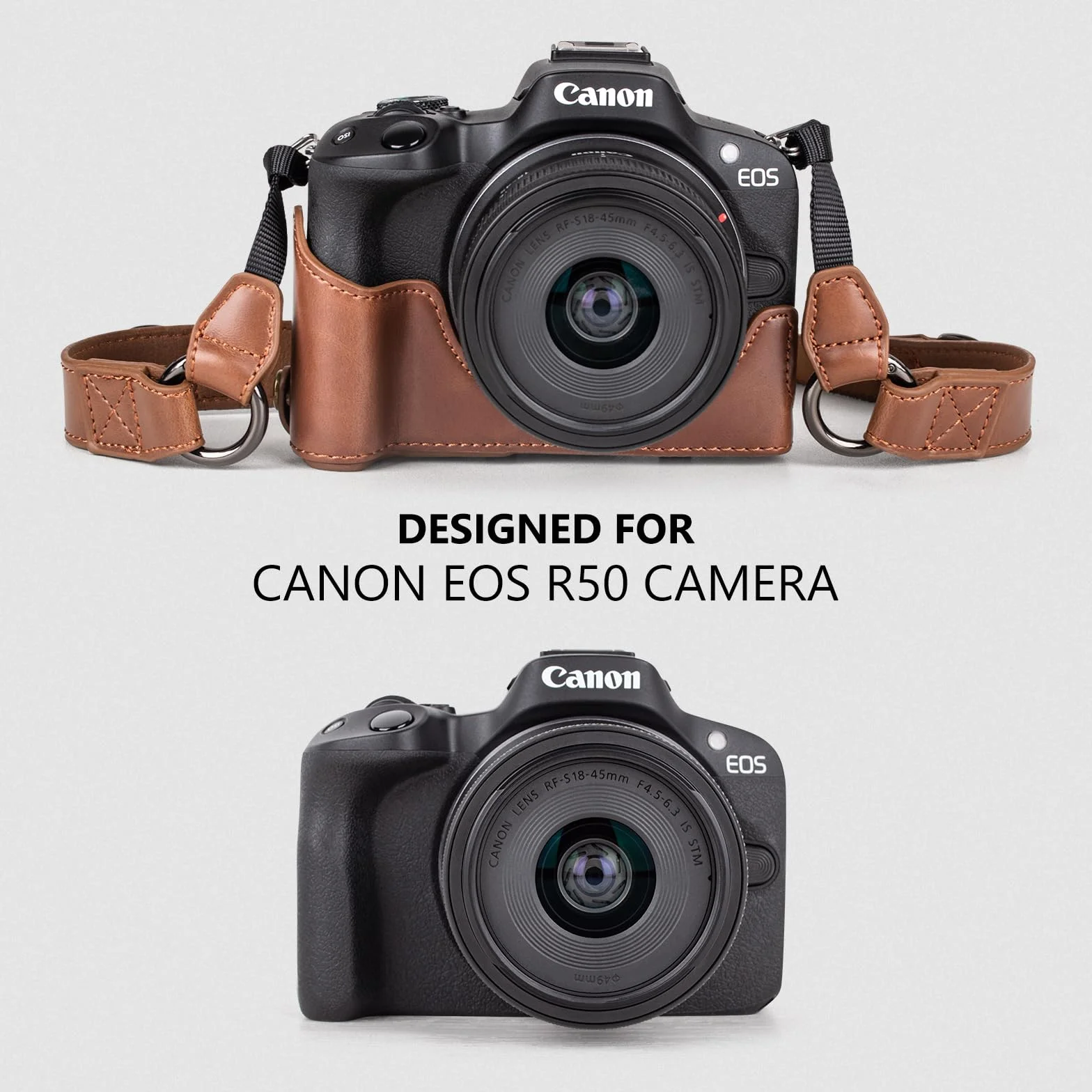 MUZIRI KINOKOO EOS R50 R100 etui, retro etui ochronne ze skóry PU do aparatu Canon EOS R50 R100 - torba na aparat z dolnym otworem i paskiem na ramię i kieszenią do przechowywania