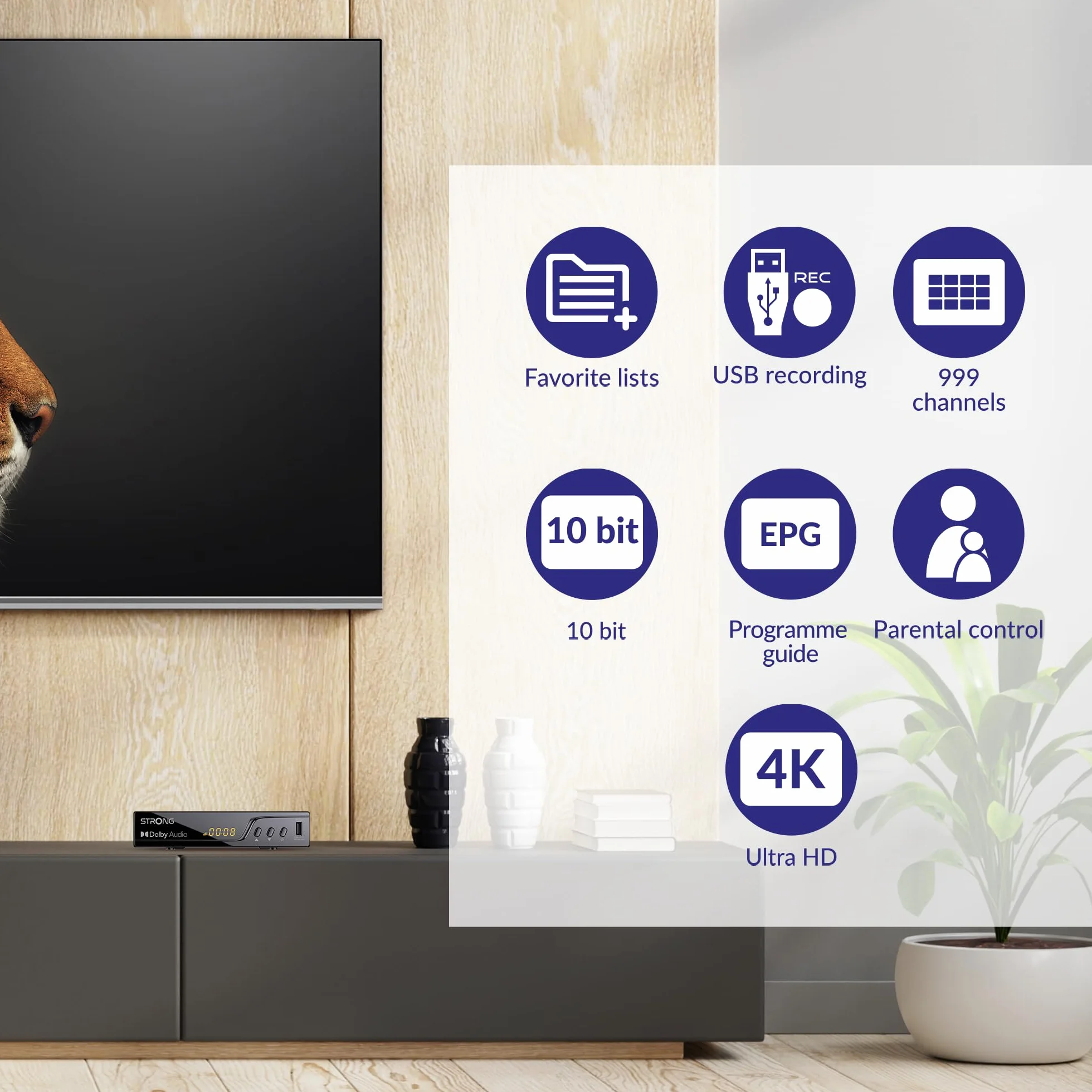 STRONG Dekoder TNT UHD 4K|DVB-T2|Kompatybilny z HEVC265|Odbiornik/Tuner TV Rejestrator USB|DOLBY Digital Plus|HDMI|SCART