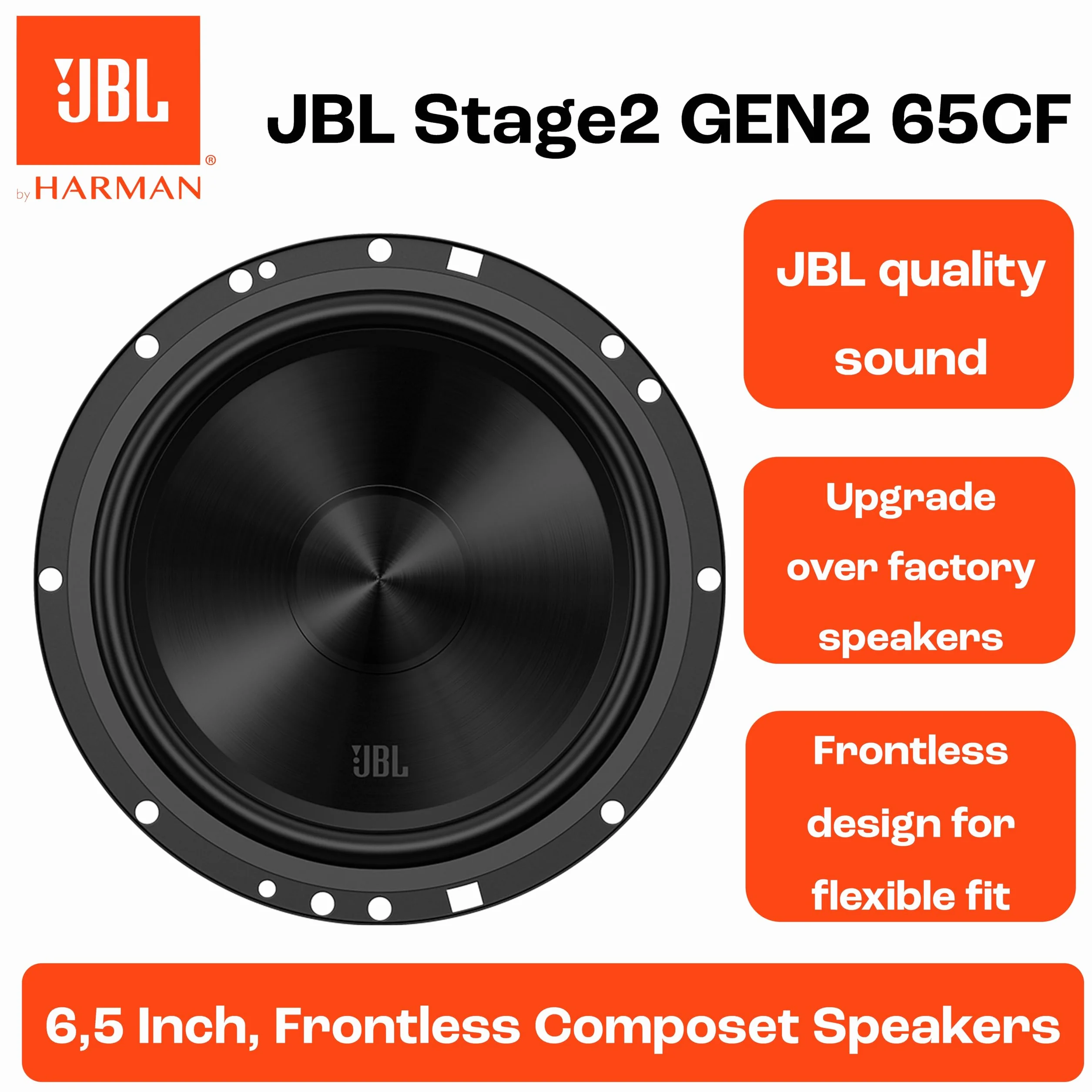 JBL Stage2 GEN2 65CF - 6,5 cala (165 mm) 2-drożne komponentowe głośniki samochodowe, 90 W RMS, szczyt 270 W, oddzielne głośniki wysokotonowe, OEM Fit Audio, z kratkami, łatwa instalacja, zestaw 2 szt