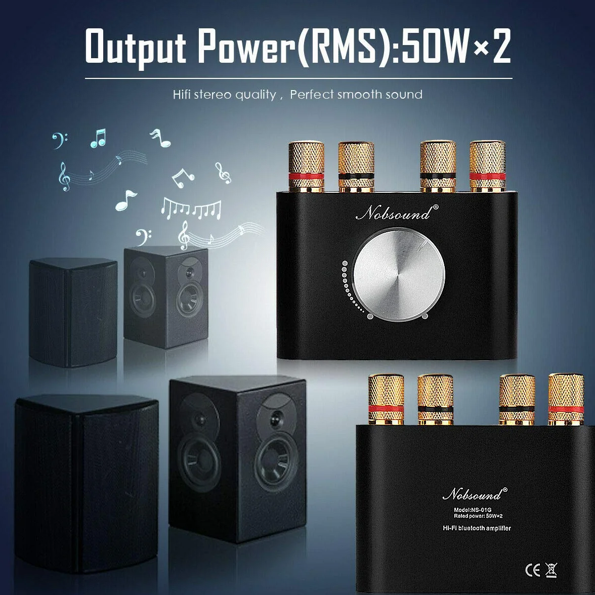 Nobsound Mini wzmacniacz mocy Bluetooth; Hi-FI Digital Amp 2.0 Channel 50W × 2 z wejściem AUX/USB/Bluetooth; bezprzewodowy odbiornik audio; Karta dźwiękowa z kartą zasilającą (czarny)