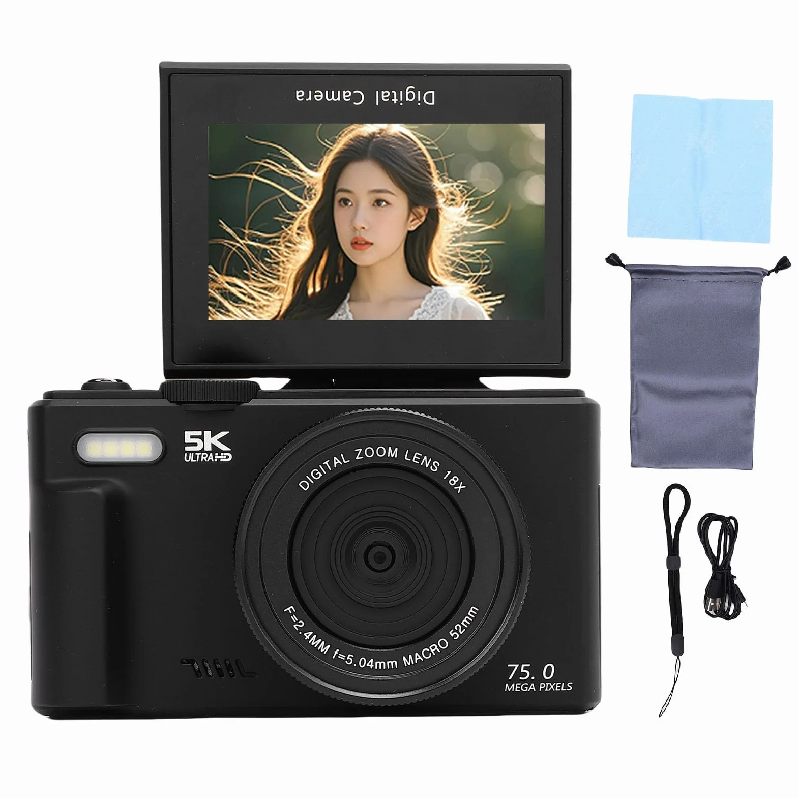 Aparat Cyfrowy, 5K 75MP Autofocus Wi -Fi Vedio Camera do Fotografii, z Ekranem Klapki 3 Cali 180 °, 18x Cyfrowy Zoom, Kompaktowy Mały Aparat dla Chłopców Dziewczyn (32GB)